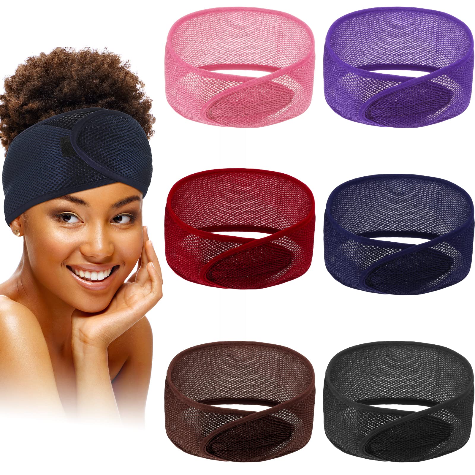Giegxin 6 Pieces Foam Mesh Wrap African Bath Foam Mesh Makeup Headbands With Adjustable Tape Facial Spa Headbands Breathable Non