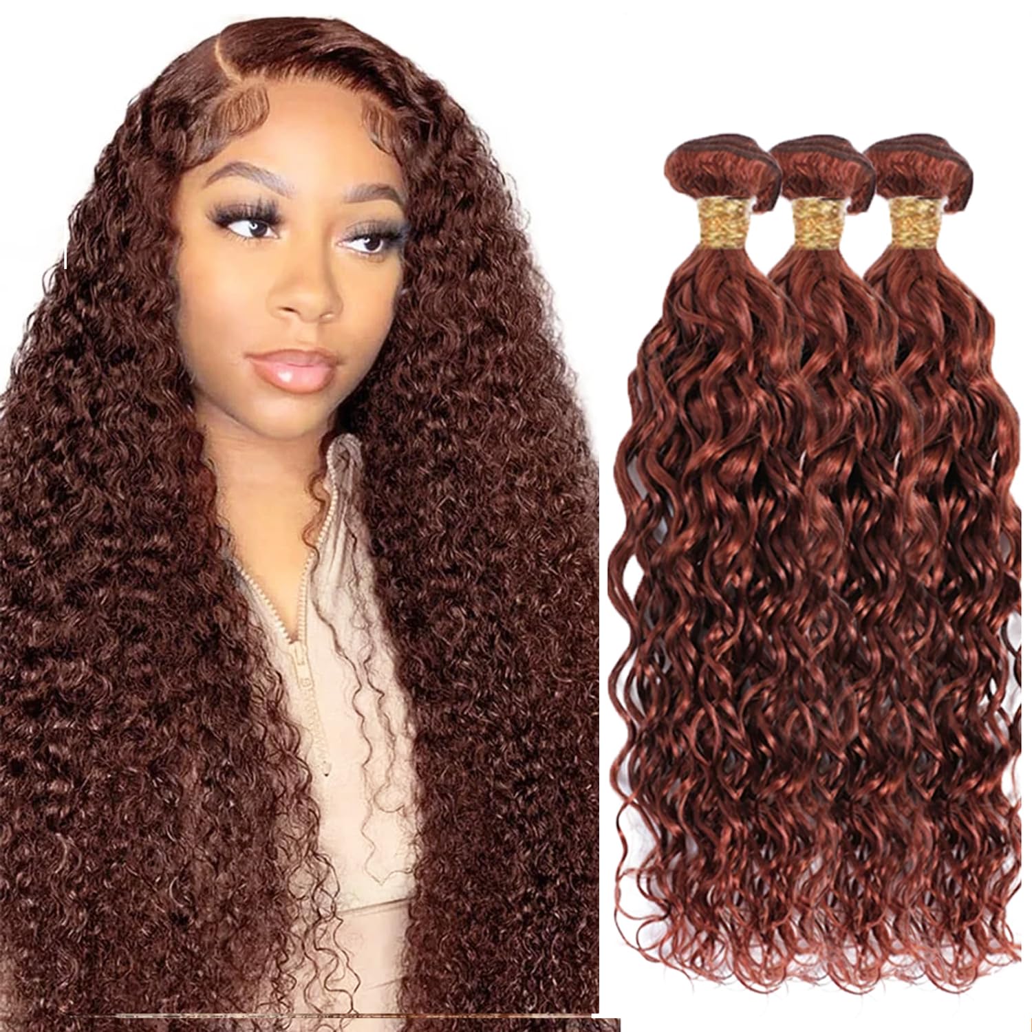 Huxowax Reddish Brown Human Hair Bundles Auburn Water Wave Virgin Soft And Sikly Human Hair Extensions #33 Color Weave 3 Bundles