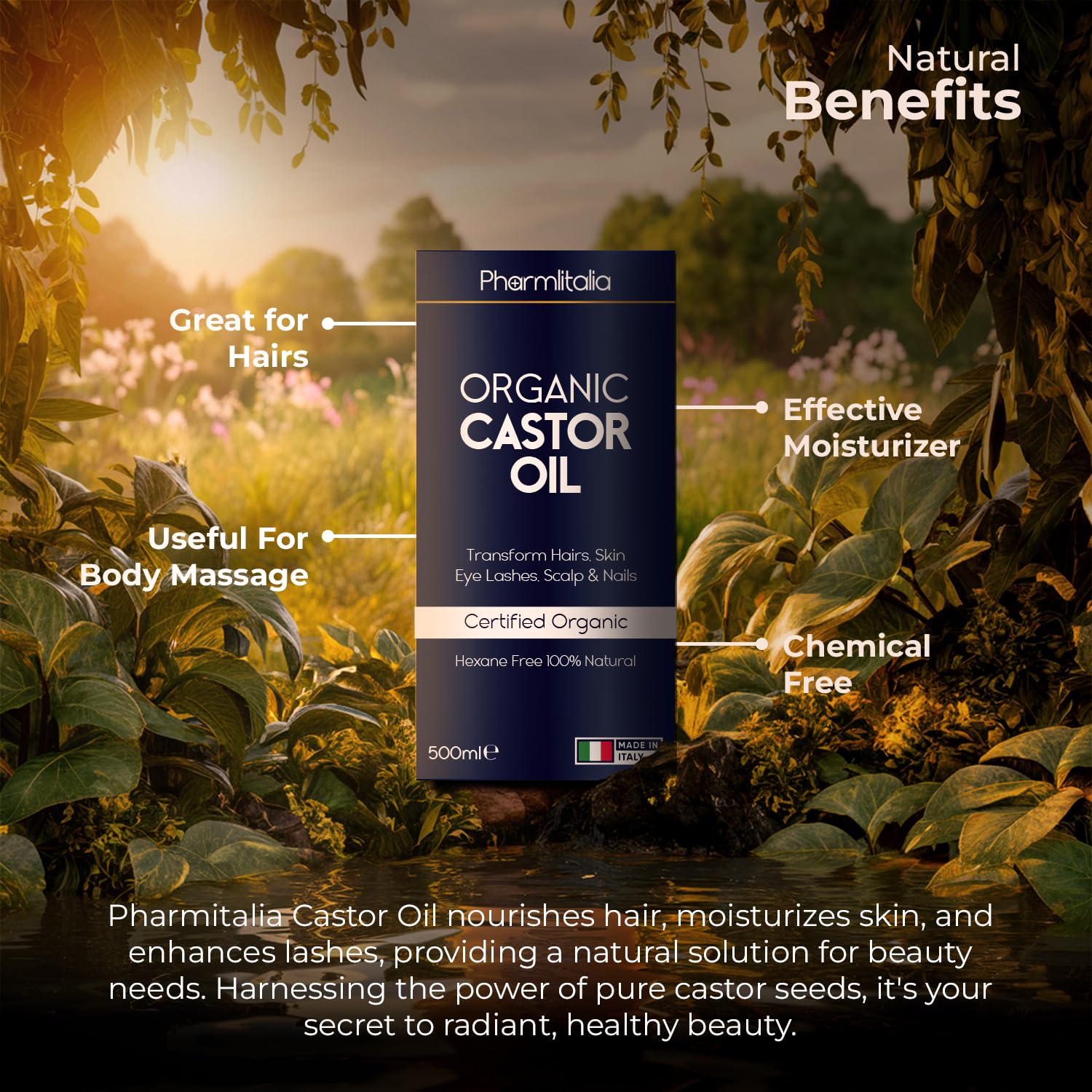 Pharmlitalia Pure Castor Oil Organic Cold Pressed Unrefined Glass Bottle - Hexane Free Golden Castor Oil For Face, Hairs, Eyelas