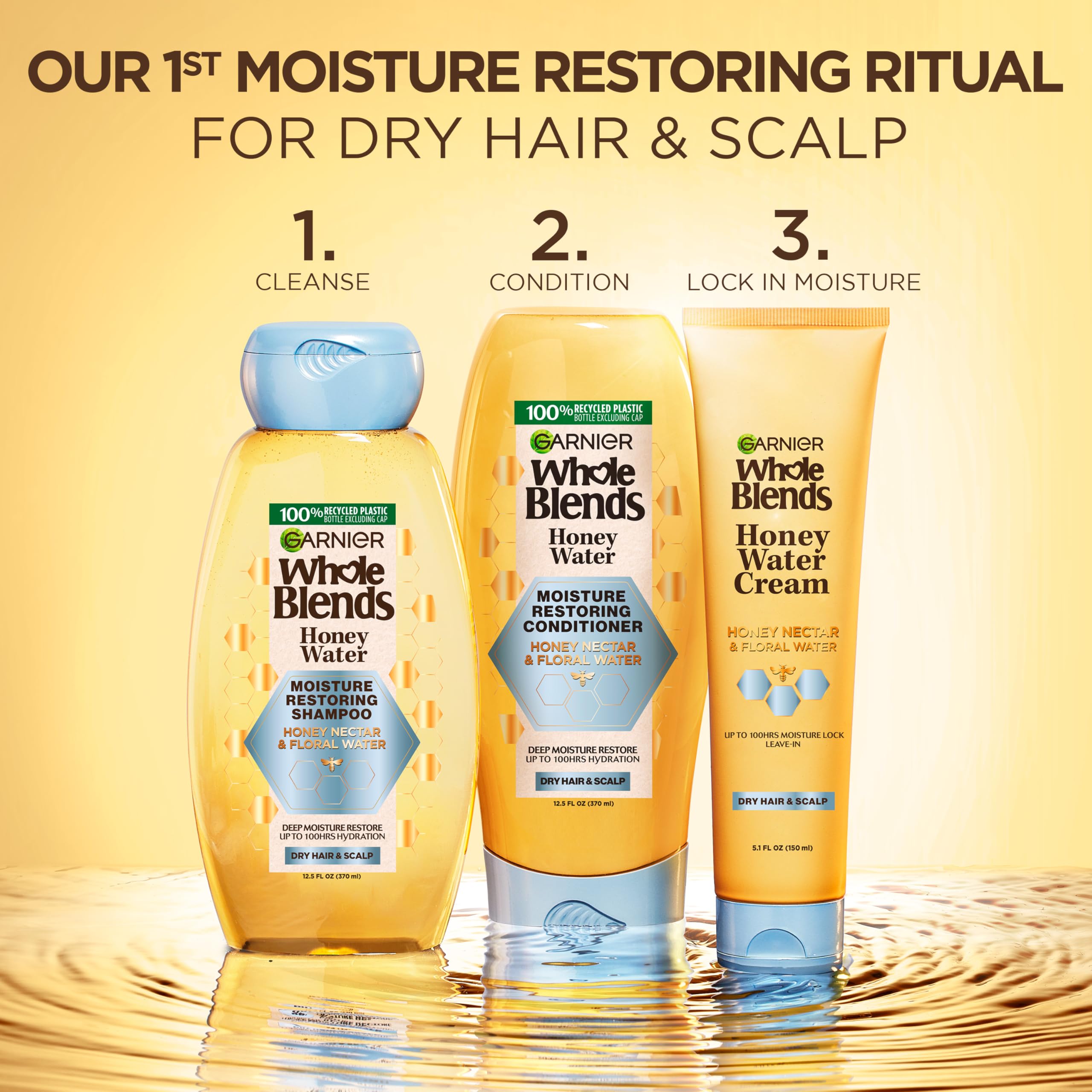 Garnier Whole Blends Honey Water Moisture Restoring Shampoo, Hair Care for Dry Hair and Dry Scalp with Honey Nectar and Floral W