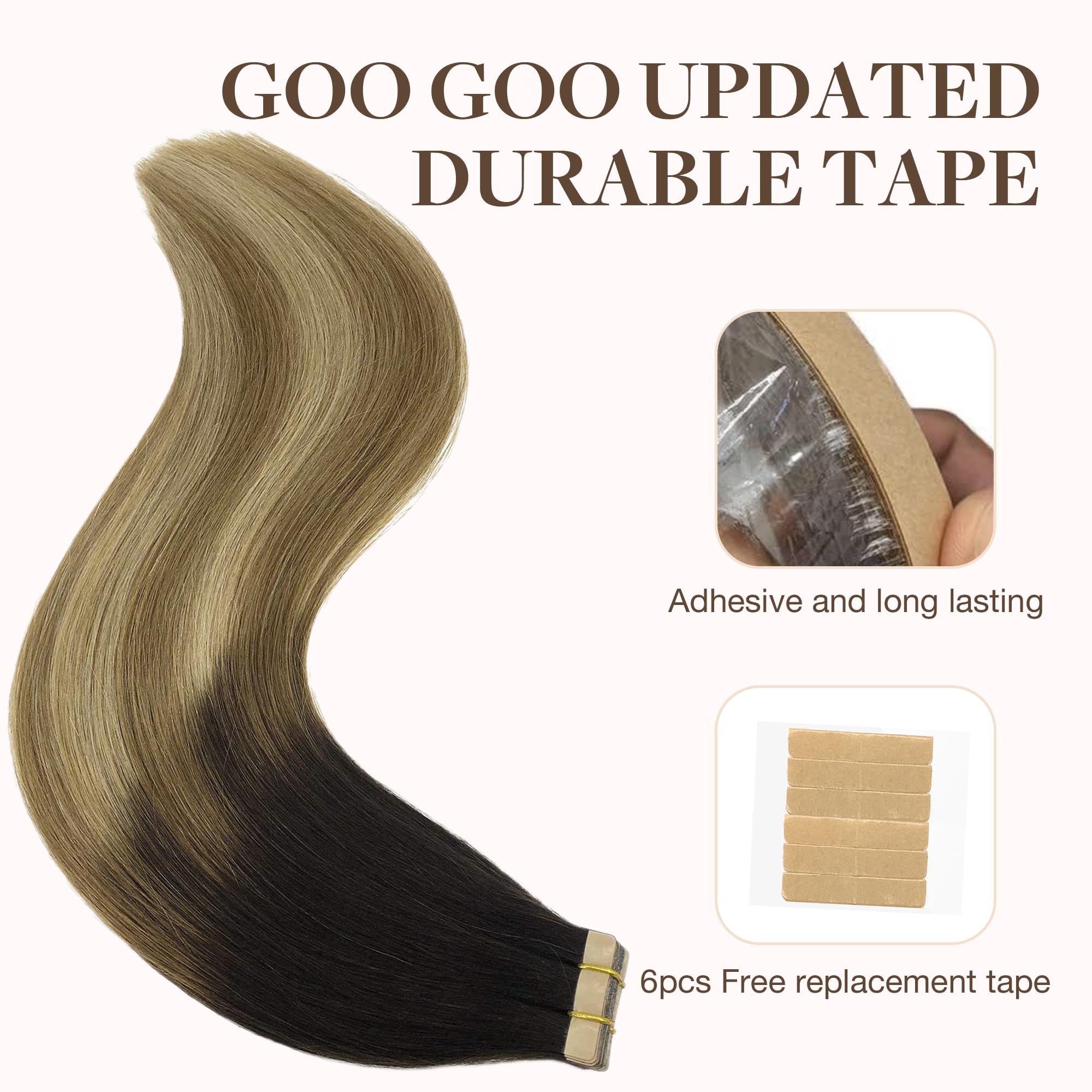 Goo Goo Tape In Hair Extensions Human Hair, 2/6/18 Balayage Brown To Dirty Blonde, 10Inch 60G 40Pcs, Thick Ends Straight Seamles