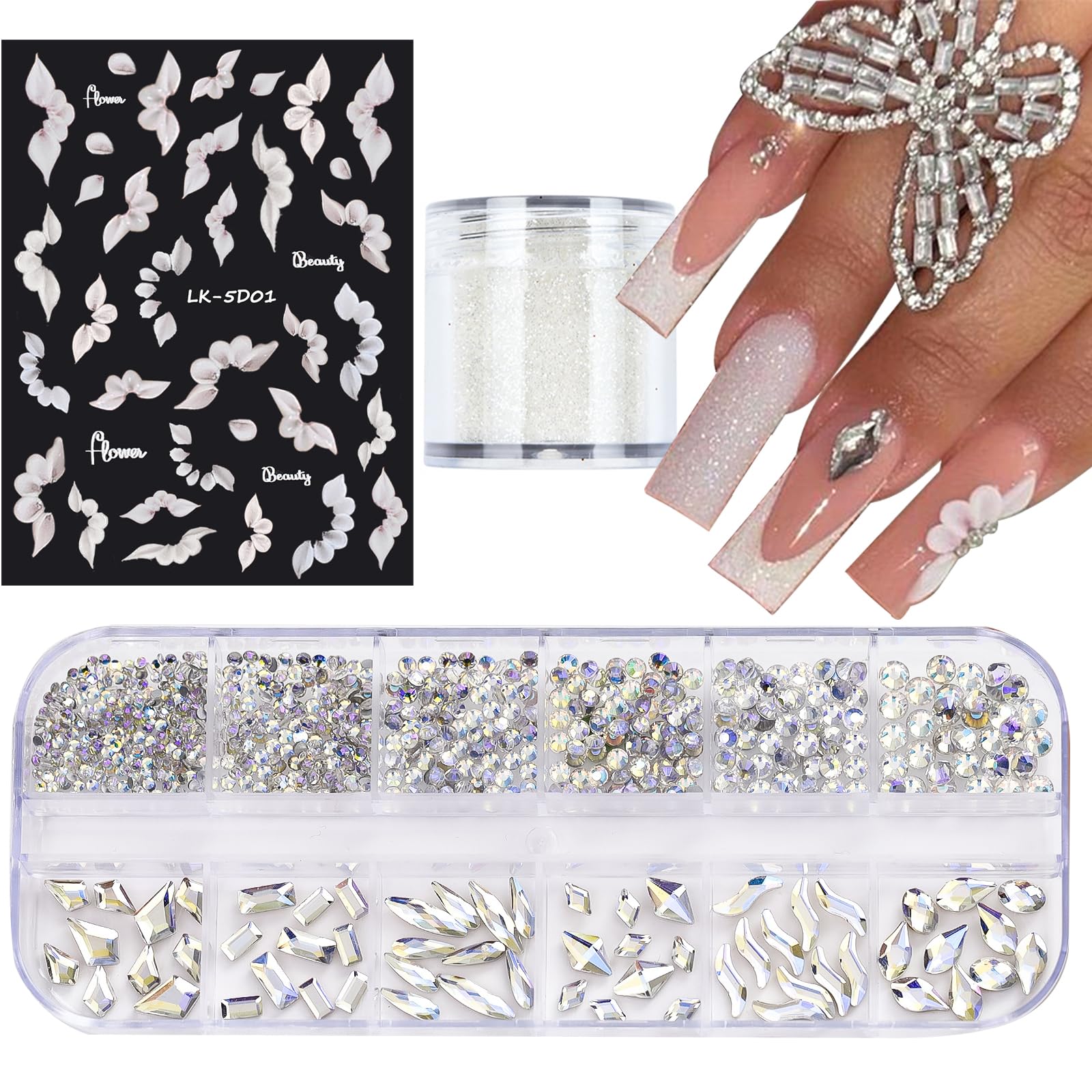 Nail Art Rhinestones for Nails, Flatback Multi Shape Gems 3D Flowers Nail Charms Mixed Nail Glitter Powder Nail Supplies Moonlig