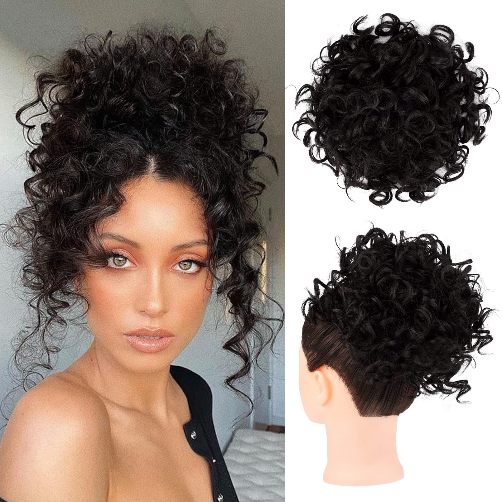 HOOJIH Curly Hair Bun, Messy Bun Hair Piece Elastic Drawstring Messy Bun Large Full Hair Bun Extension Hairpiece Short Synthetic