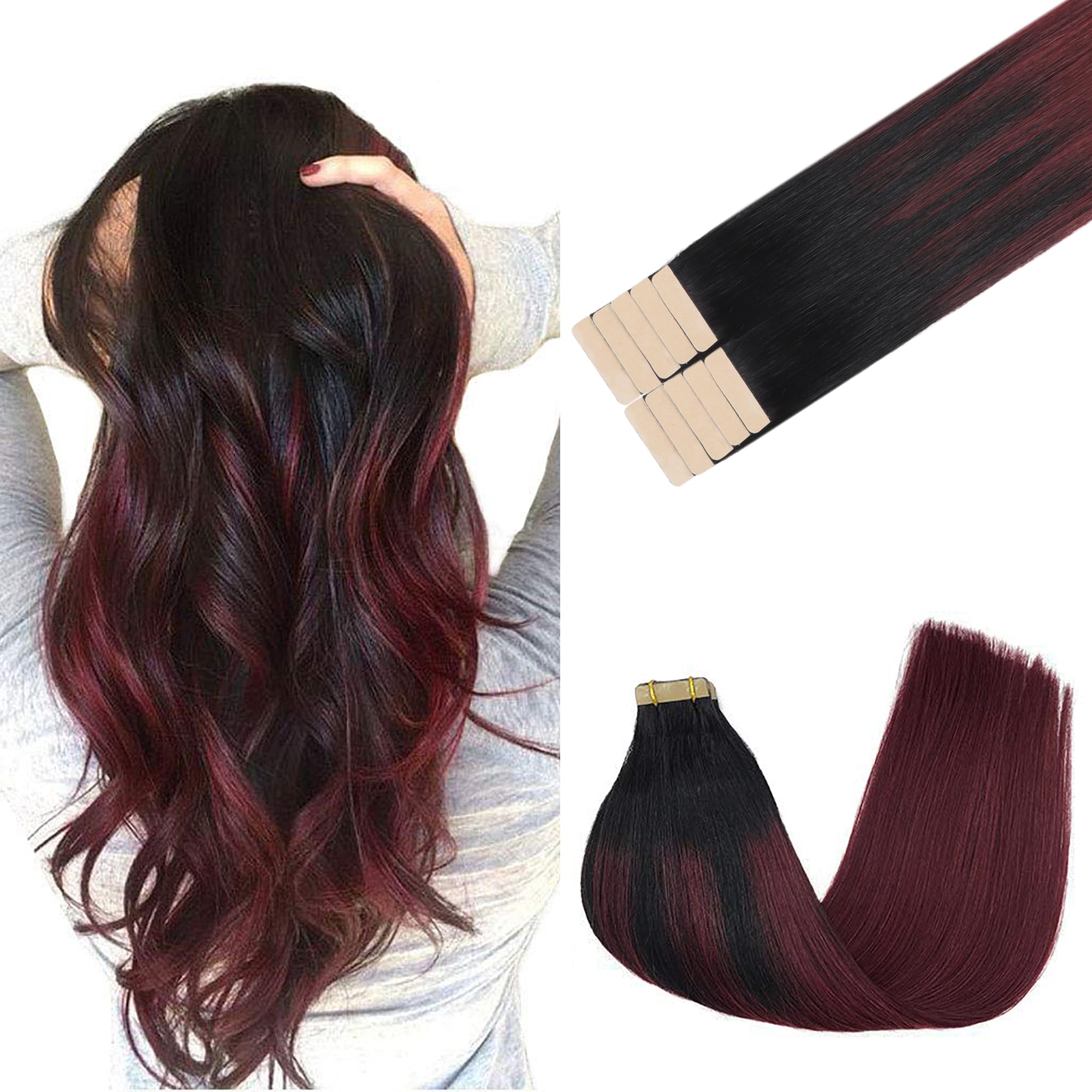 Goo Goo Tape In Hair Extensions Human Hair, 1/99 Balayage Jet Black To Red, 22Inch 30G 10Pcs, Thick Ends Straight Seamless Tape