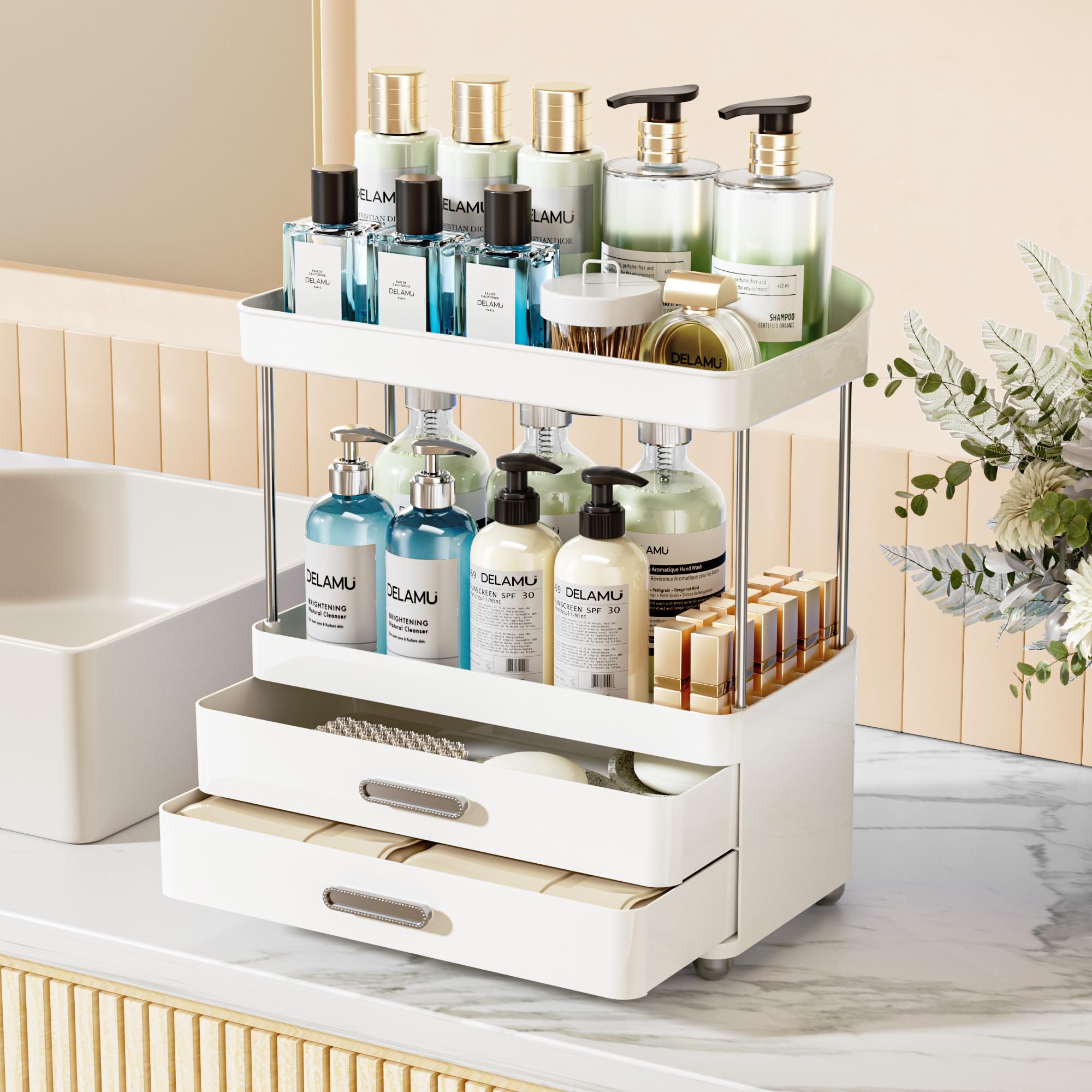 Delamu Bathroom Counter Organizer with Lipstick Holder, 4-Tier 2-Drawers Makeup Organizer, Bathroom Organizers and Storage for V