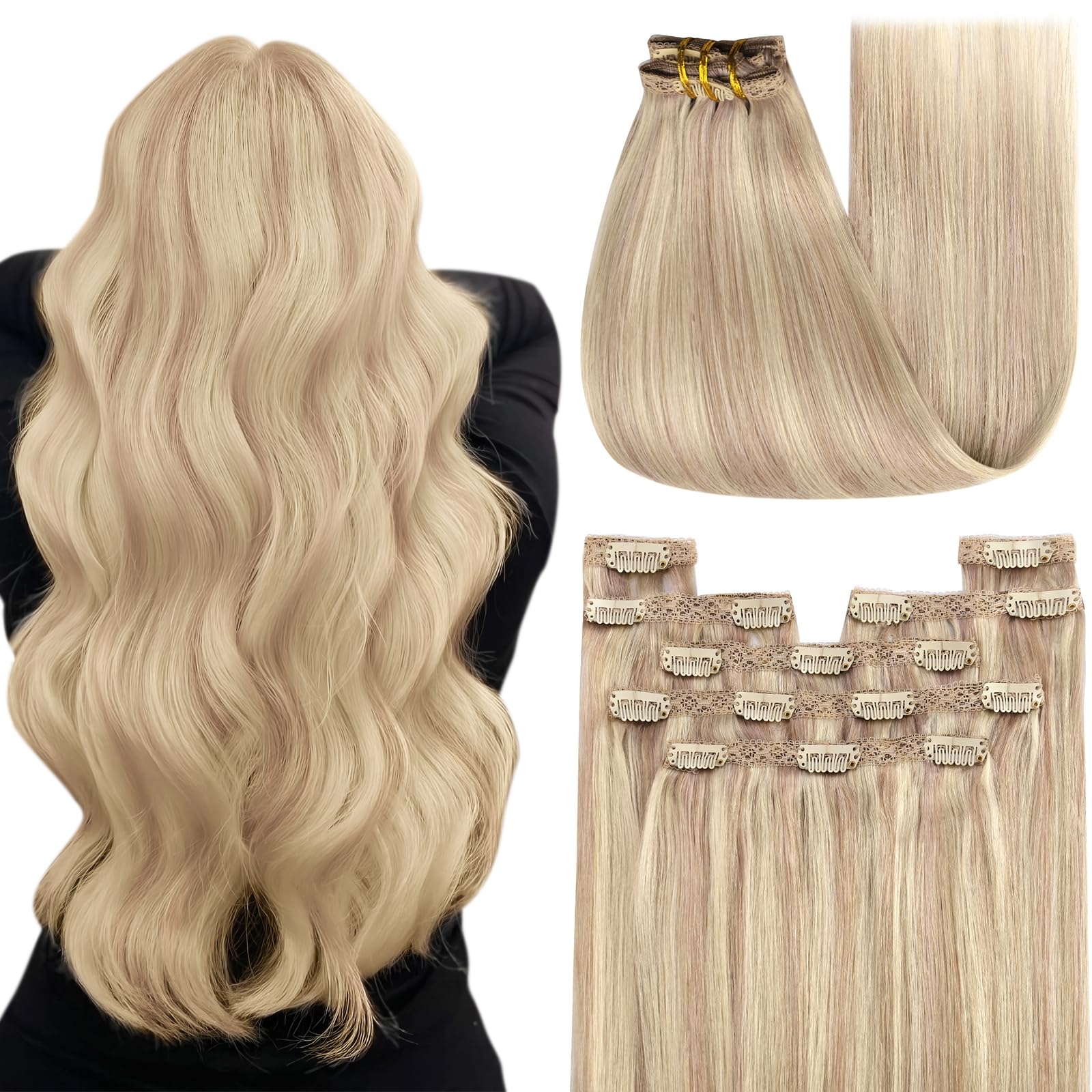 YoungSee 150G Clip in Hair Extensions Blonde Highlight Clip in Extensions Warm Ash Blonde Highlights Bleach Blonde Clip on Hair 