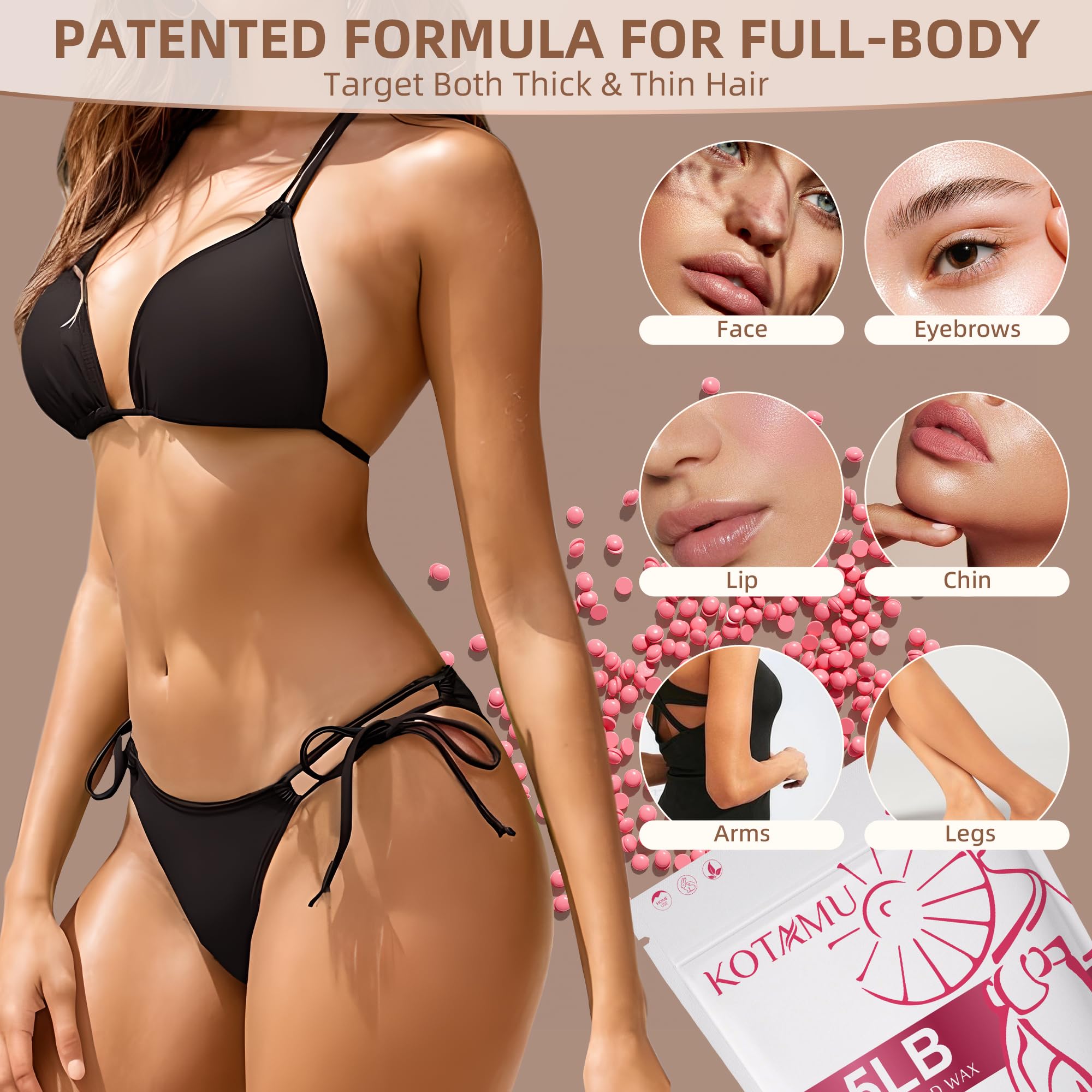 Kotamu Pink Wax Beans For Hair Removal, 2.5Lb, Hard Wax For Face, Eyebrow, Bikini, Brazilian, Leg, Body, Sensitive Skin, Ideal F