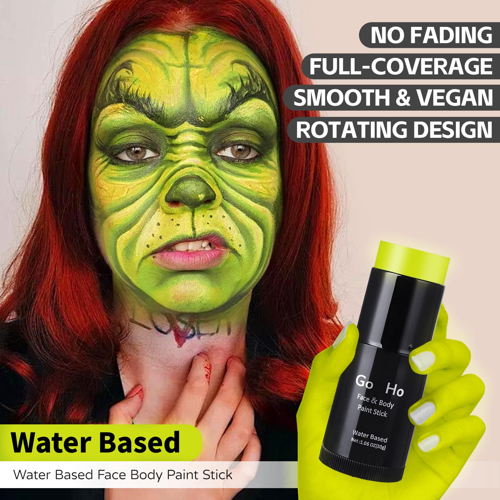 Go Ho Ogre Green Face Paint Stick,Water Based Washable Face Body Paint,Non-Toxic Full-Coverage Cream Ogre Green Body Paint For A