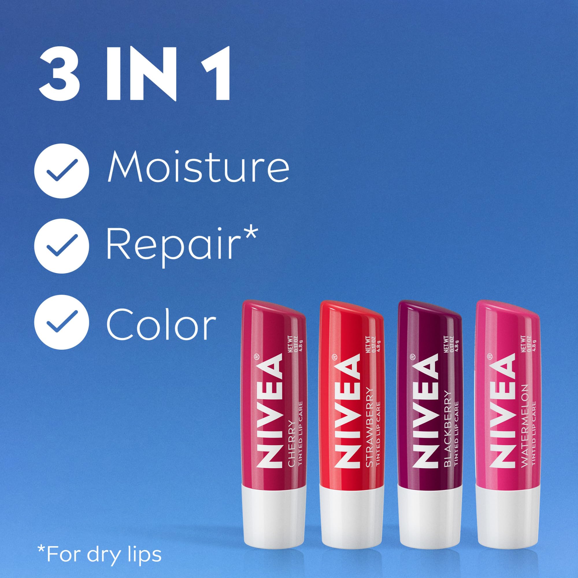 Nivea Lip Care, Fruit Lip Balm Variety Pack, Tinted Lip Balm, 0.17 Oz, Pack Of 4