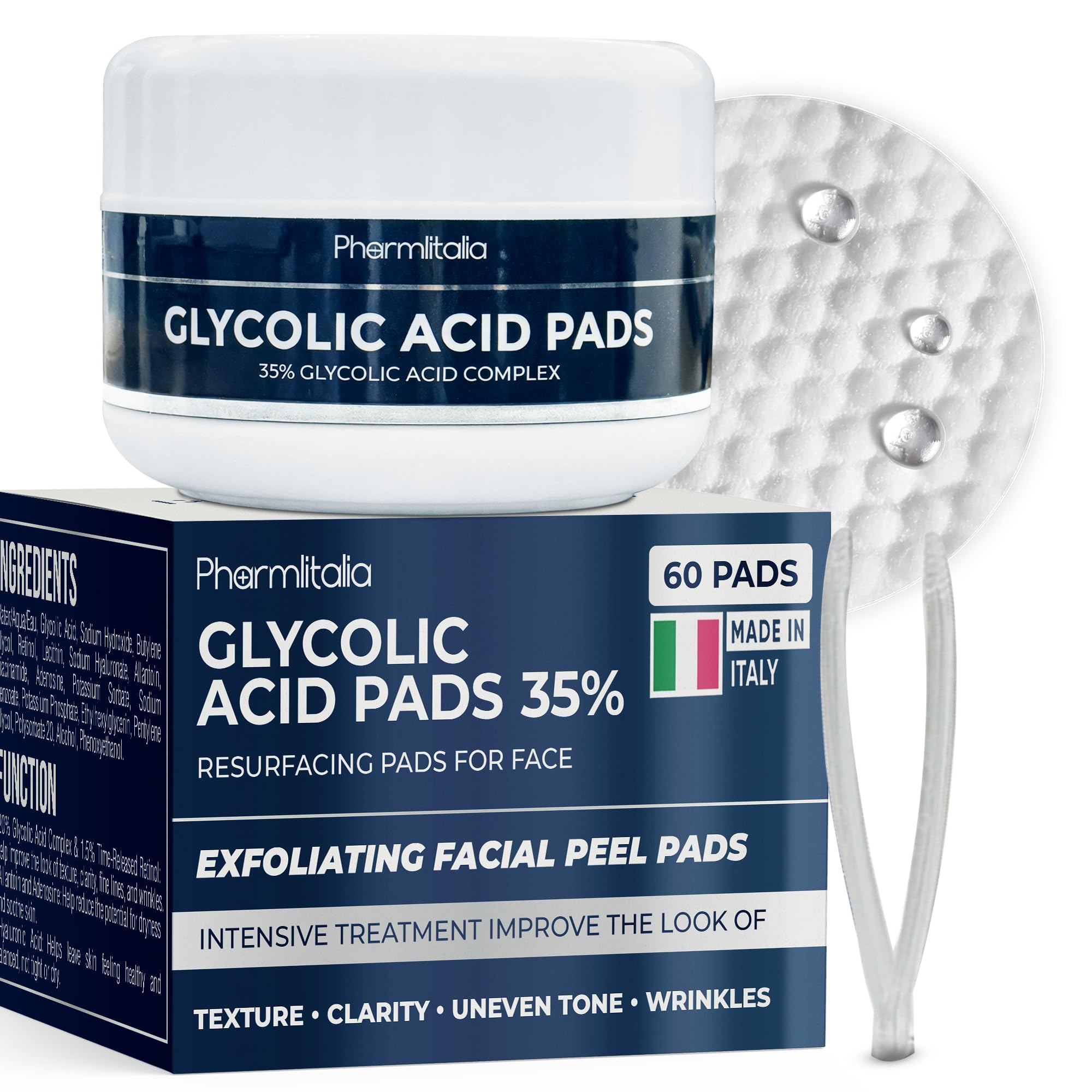 Glycolic Acid Pads for Face - 35% Glycolic Acid Resurfacing Peel Pads for Smoother Skin - Exfoliating Pads for Face and Body - T
