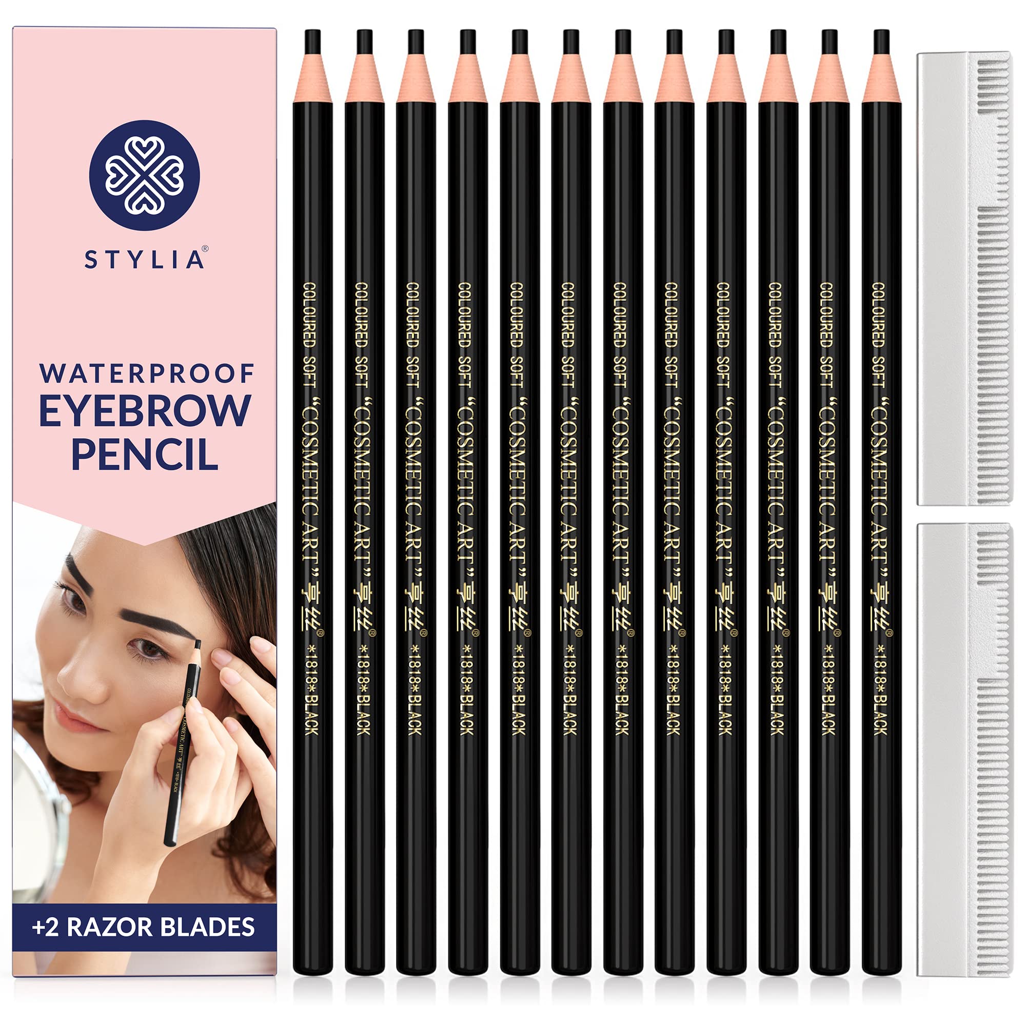 Microblading Supplies Waterproof Eyebrow Pencil - 12 Piece Black Brow Mapping Pencil Set For Marking, Filling And Outlining, Eye