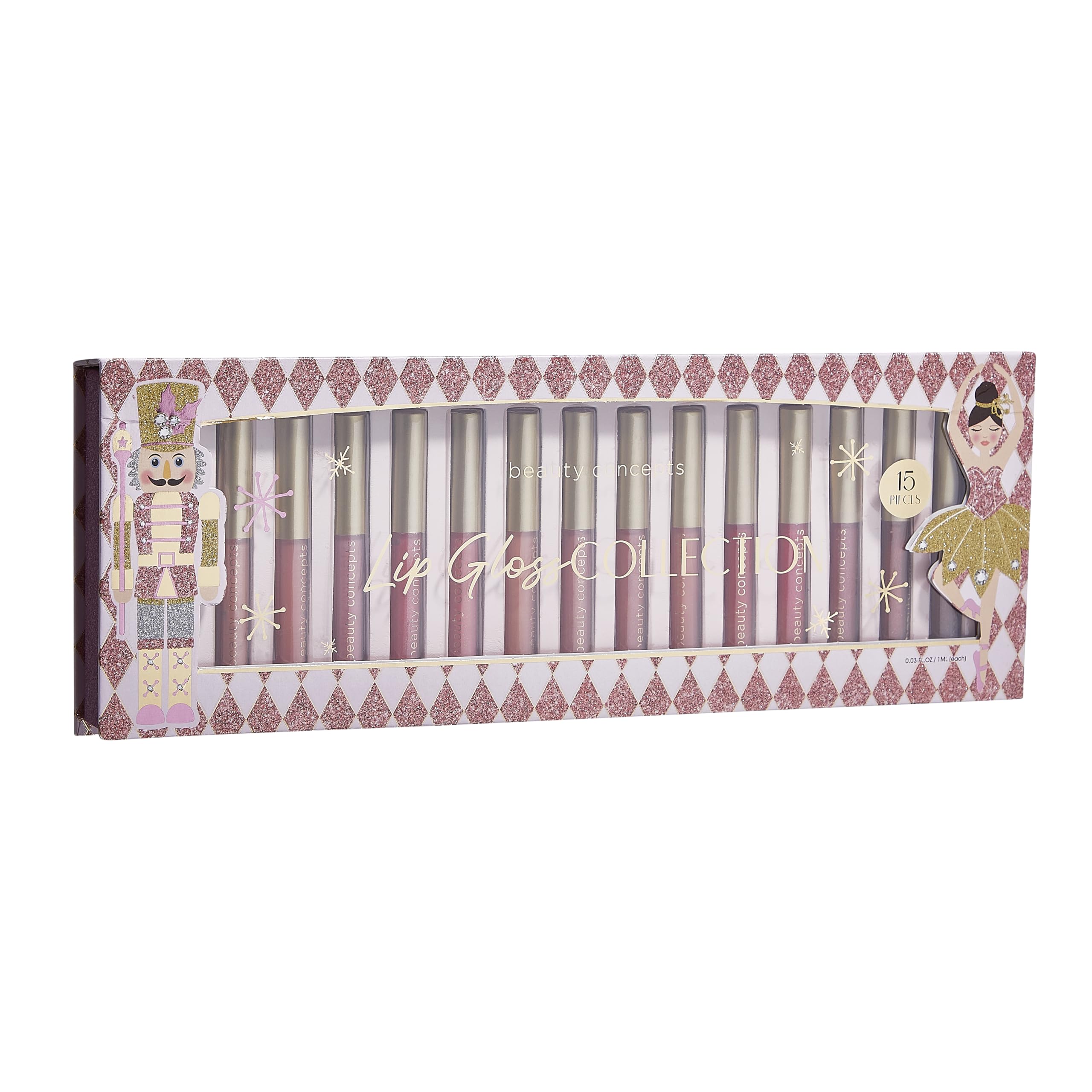Beauty Concept 15-Piece Lip Gloss Set - Radiant Lips with Glossy Heavy Embossing, Shiny Gold Foil Stamping - 0.7 fl oz Each in P