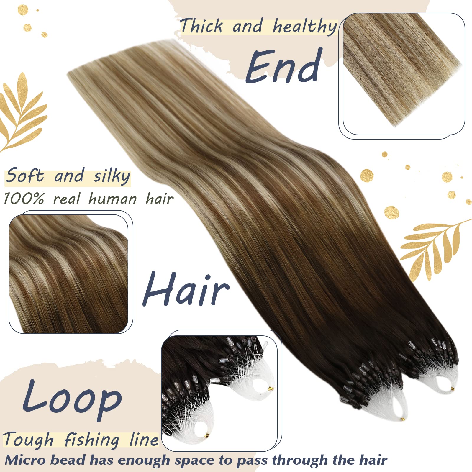 Ugeat 16Inch Microlink Hair Extensions Human Hair #4/6/613 Balayage Brown With Blonde Micro Loop Ring Hair Extensions 50Gram 1G/