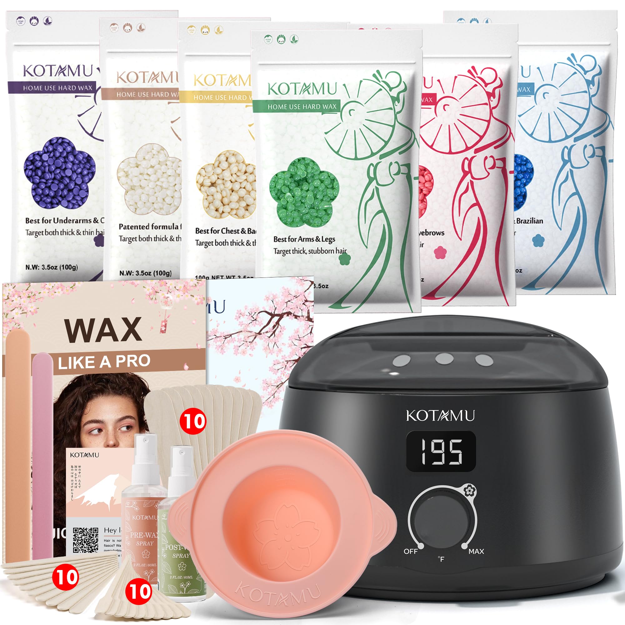 KOTAMU Waxing Kit-Professional Wax Warmer for Women& Men Hair Removal,Black Hard Wax Kit With Silicone Waxing Pot, Sensitive Ski
