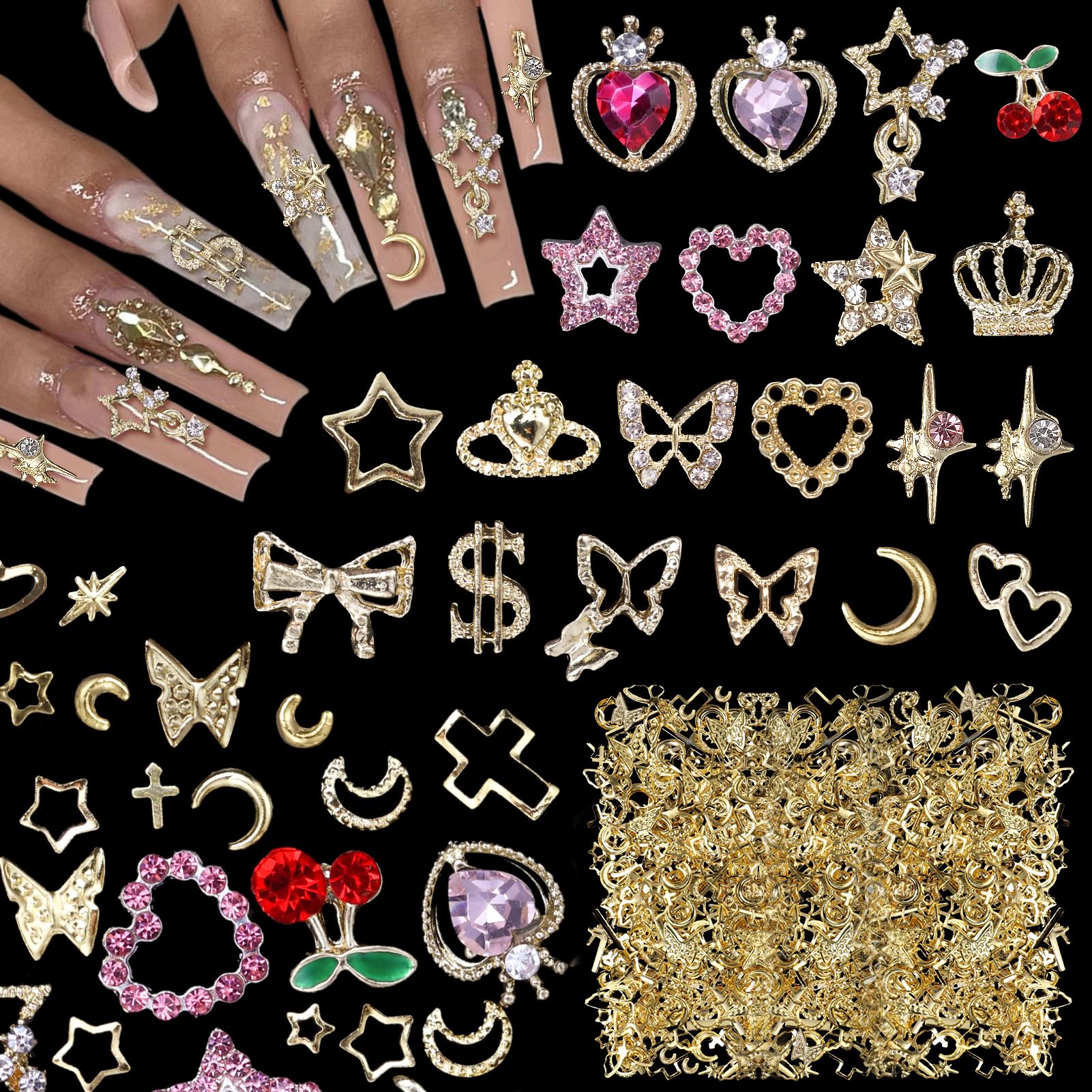 540 Pcs Gold Nail Charms Gems, 40 Pcs Heart Star Cherry Nail Rhinestones and Charms, Multi Shapes Gold Cross Moon Metal Rivet Na