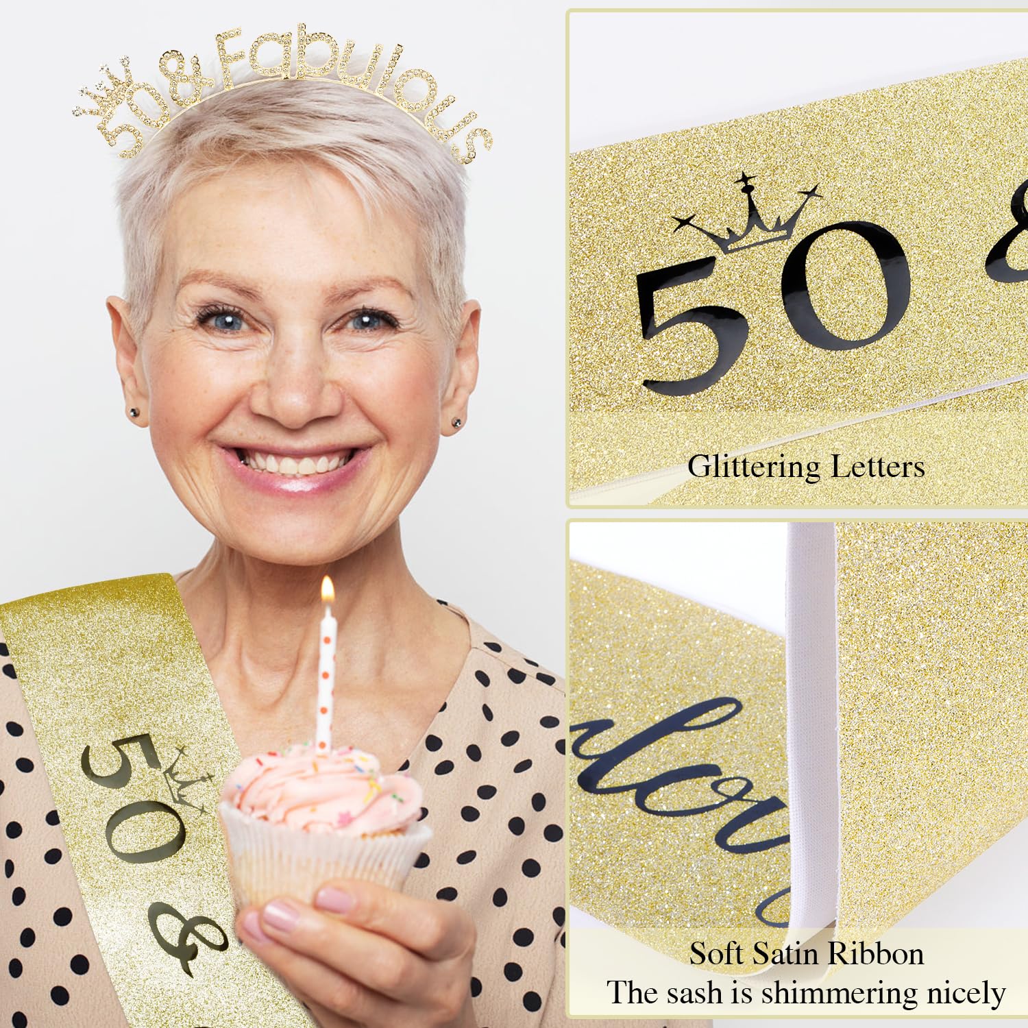 Atoden 50 & Fabulous Headband Sash Gold 50th Tiara 50th Decorations Gifts for Women