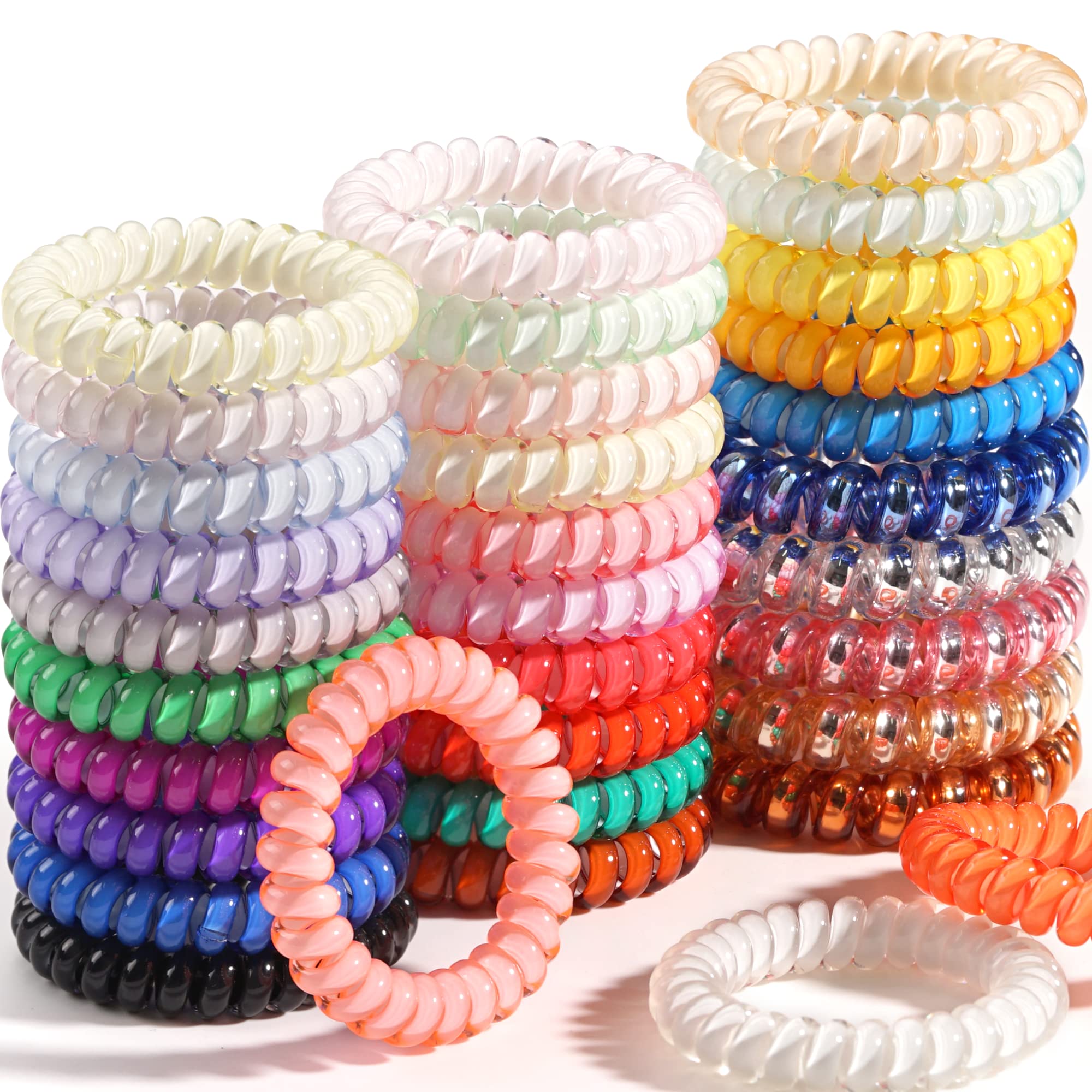 DED Spiral Hair Ties, 32PCS Coil Bracelets for Women, Girls - No Crease Elastic Coils for Curly, Straight, Thick, Thin, Short, L