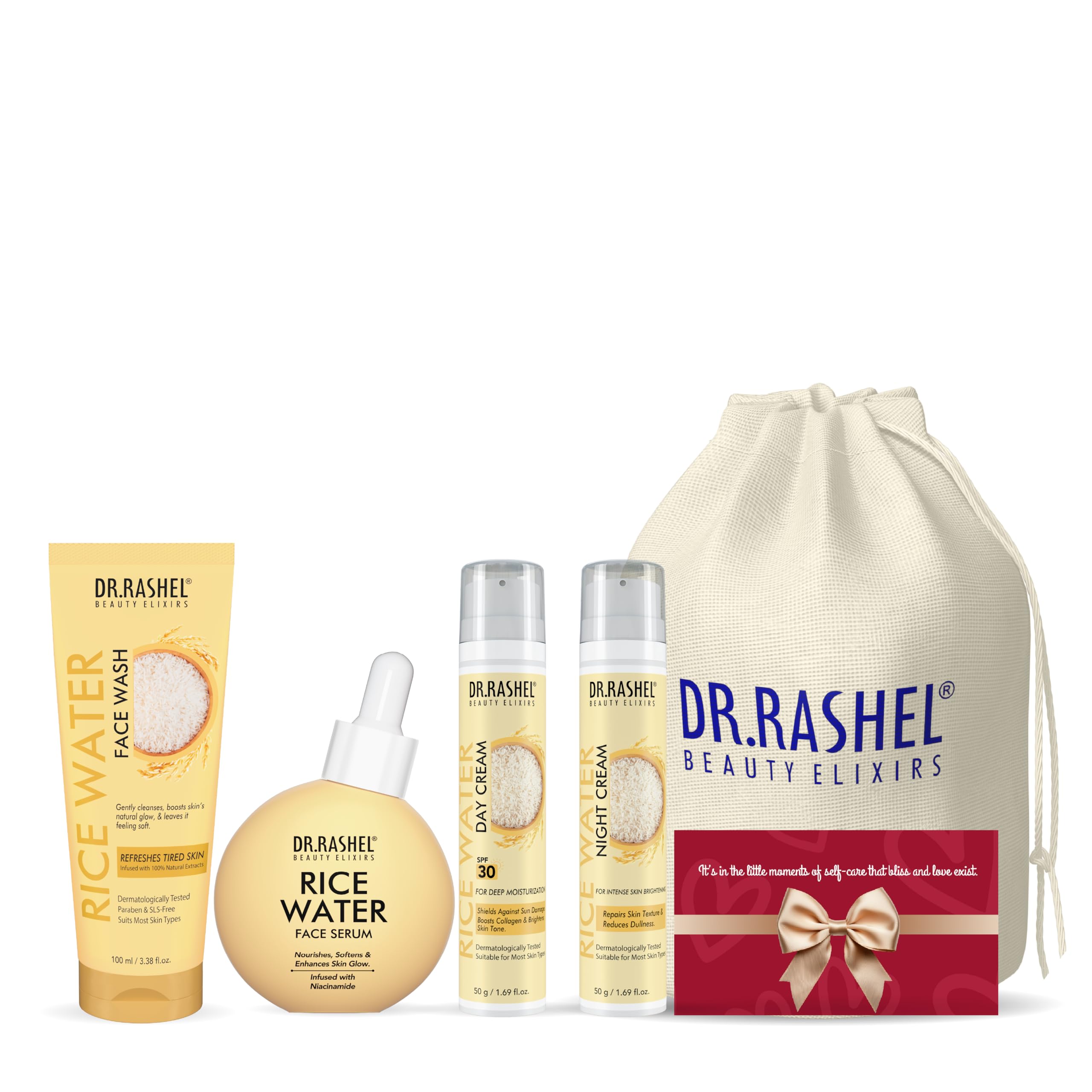 Dr.Rashel Rice Water Complete Skincare Kit | Face Wash, Serum, Day & Night Cream | Glow Brightening Day And Night Cream Combo | 