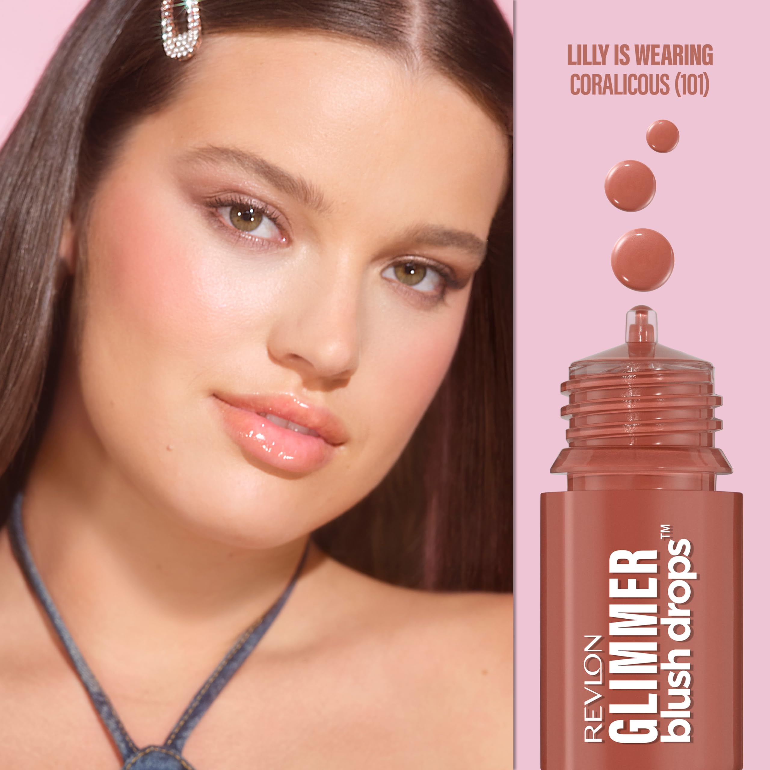 Revlon Glimmer Blush Drops, Liquid Blush For Cheeks, Liquid To Velvety Powder Finish, Glowy, High Pigment, 101 Coralicious, 0.32