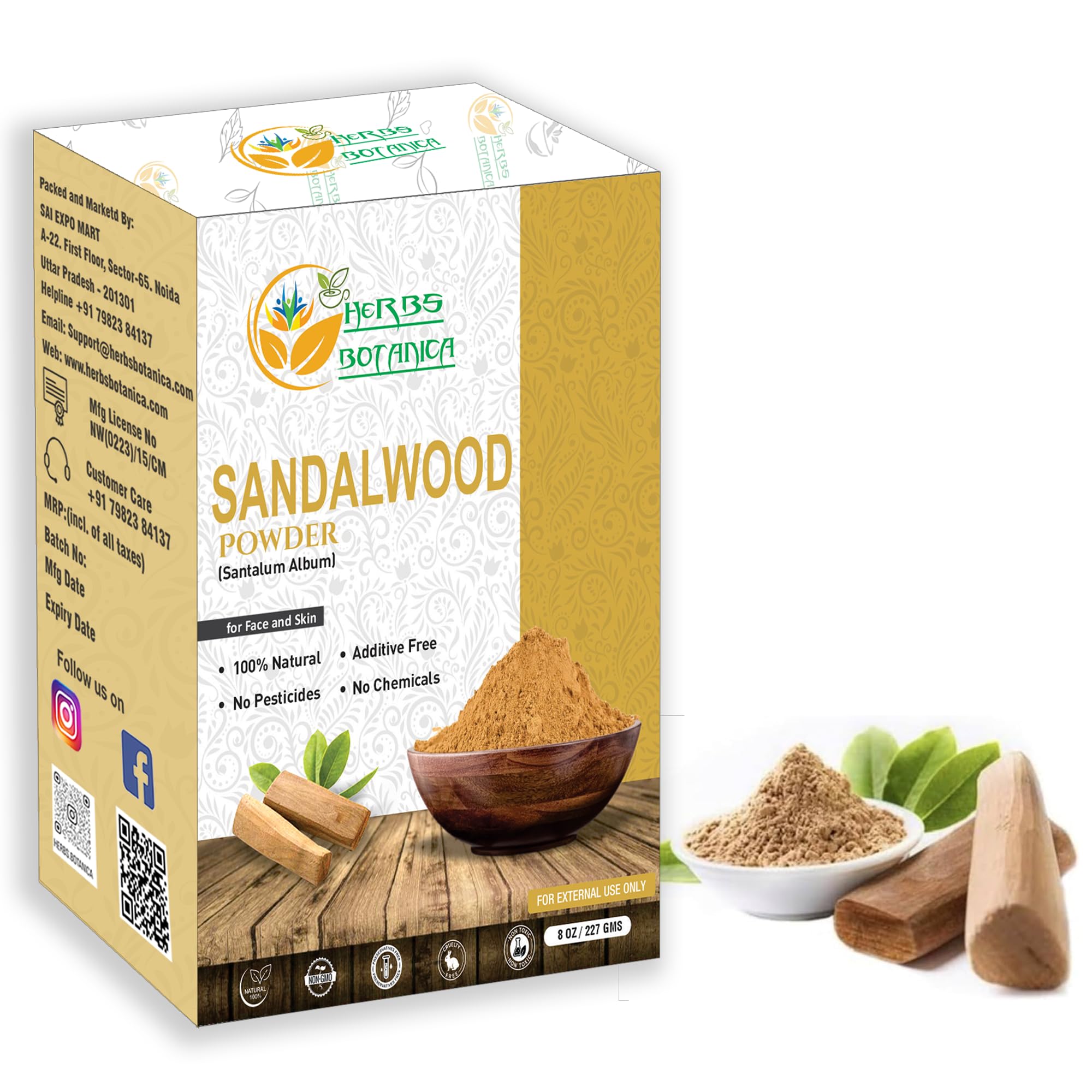 Herbs Botanica Chandan Sandalwood Powder Natural 227gm / 8 oz For Skin, Face Pack, Face Mask, Worship Tilak, Auspicious Occasion