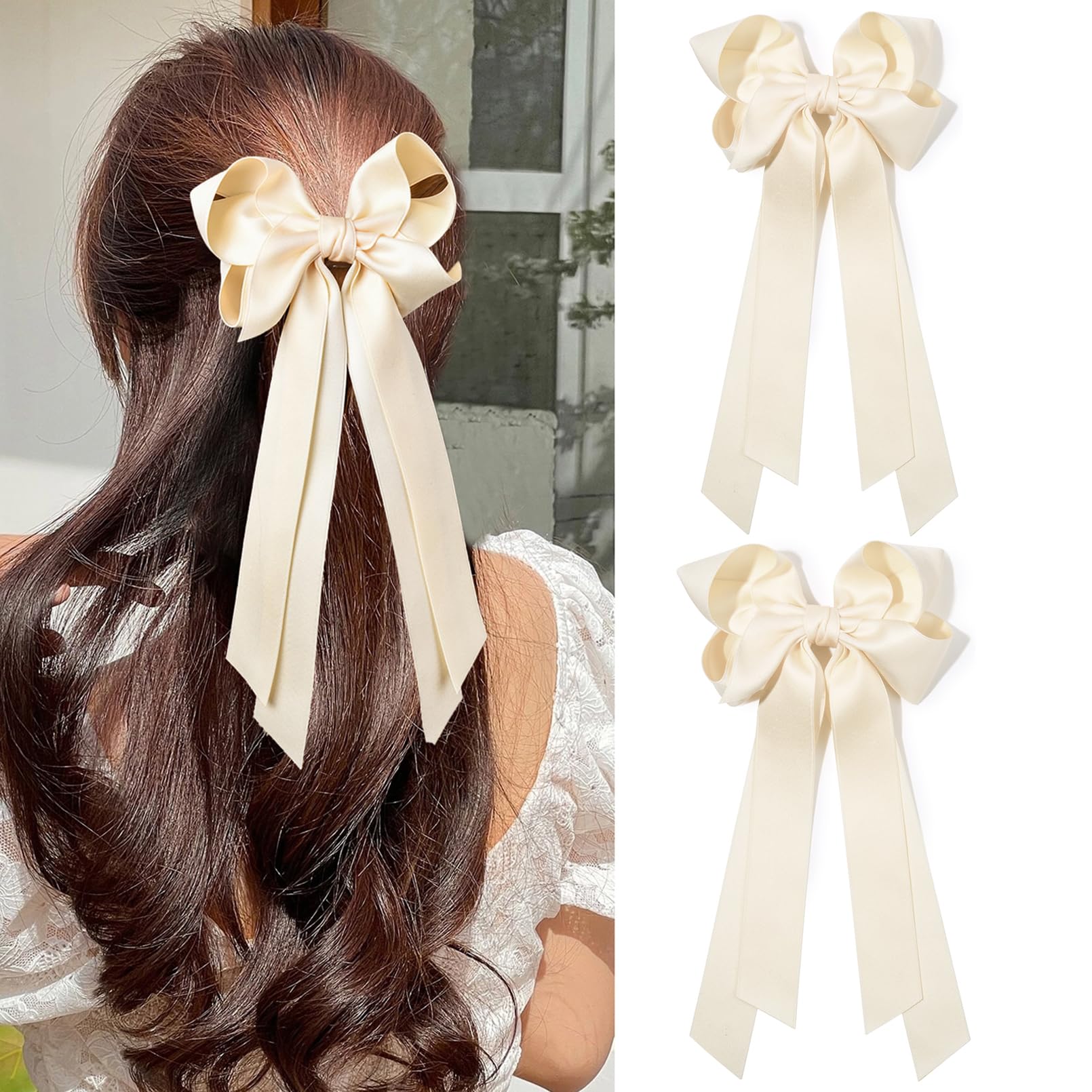 Aileam Hair Clip, 2PCS Hair Bows for Women Hair Clip Beige Silky Satin Ribbon Accessories with Metal Clips for Women Girls Toddl