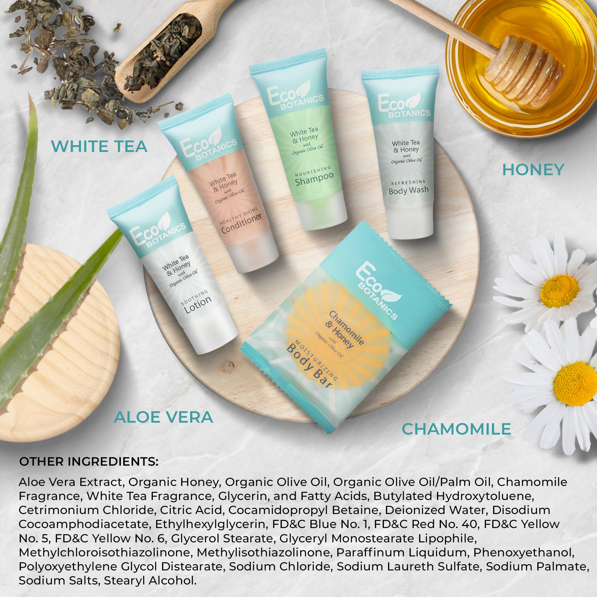 Eco Botanics Hotel Soaps And Toiletries Bulk Set | 1-Shoppe All-In-Kit Amenities |0.85Oz Shampoo & Conditioner, Body Wash, Body