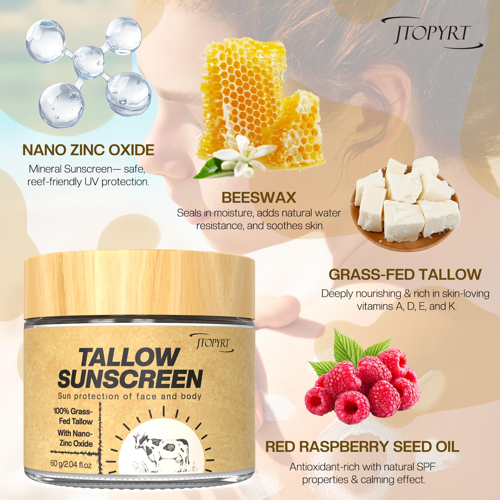 Jtopyrt Beef Tallow Sunscreen: Tallow with Zinc Oxide & Beeswax - Natural Moisturizing Protection for Dry Sensitive Skin & All A