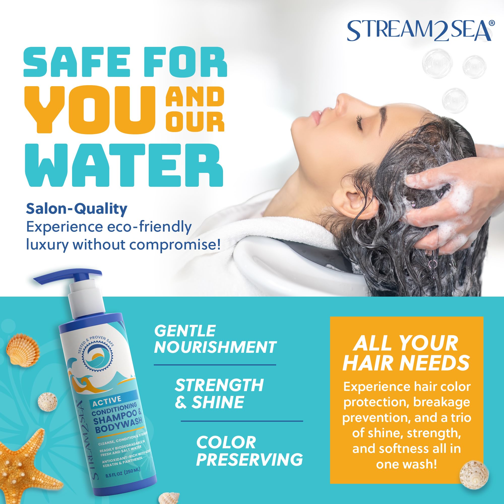 Non Toxic Shampoo and Conditioner, Body Wash 3 in 1 for Swim - Reef Safe Swimmers Shampoo for Men, Women Kids - All Natural Orga