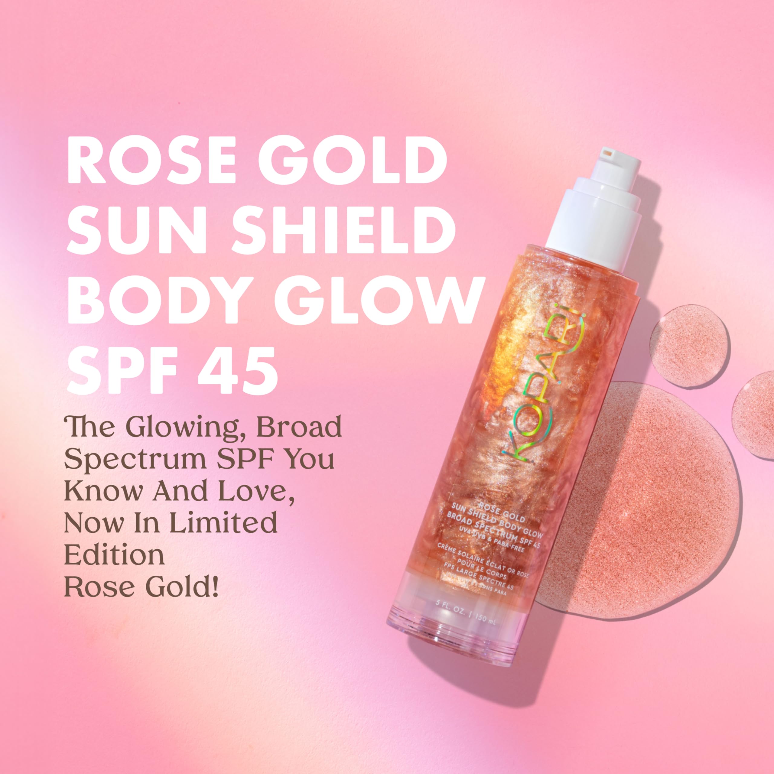Kopari Sun Shield Body Glow - Spf 45 Uv Protection Sunscreen Rose Gold Shimmer Mica - Sweat Resistant - Antioxidant Vitamin E Ve