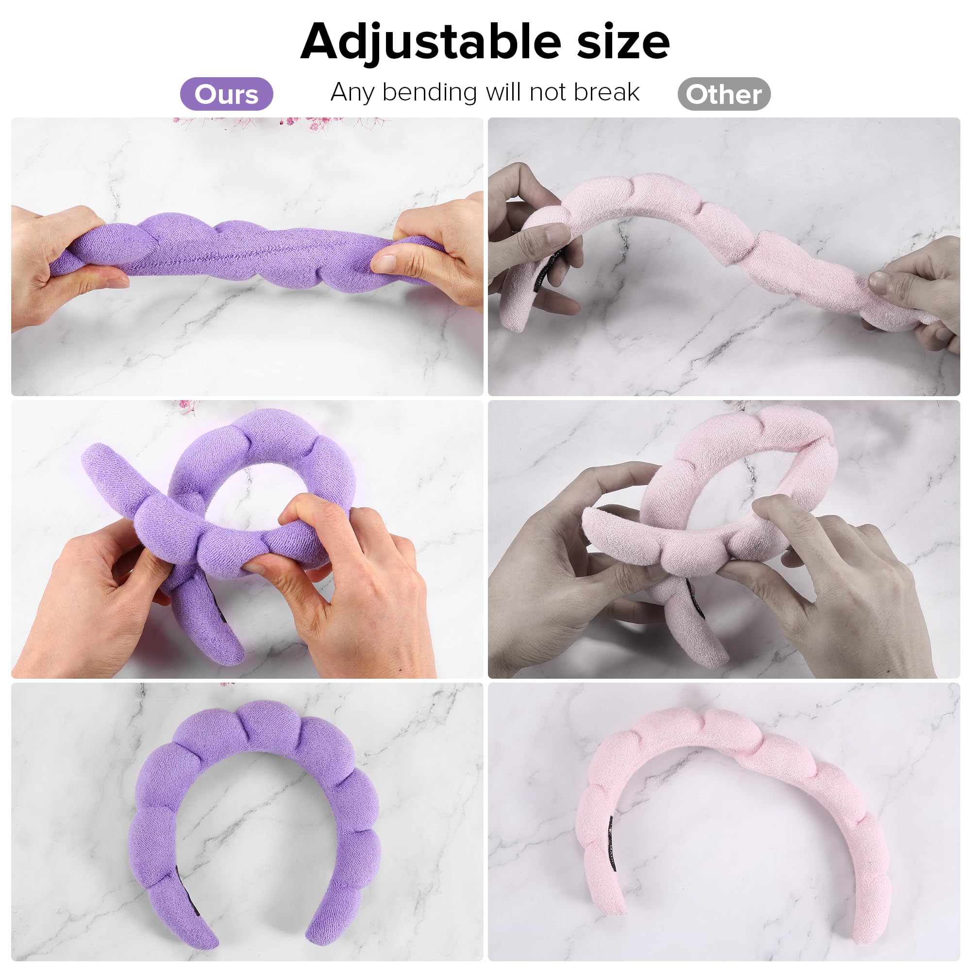 Ztomine Terry Cloth Spa Headbands For Washing Face Or Facial, Set Of 2, Black & Purple - Puffy Makeup Headbands For Face Washing