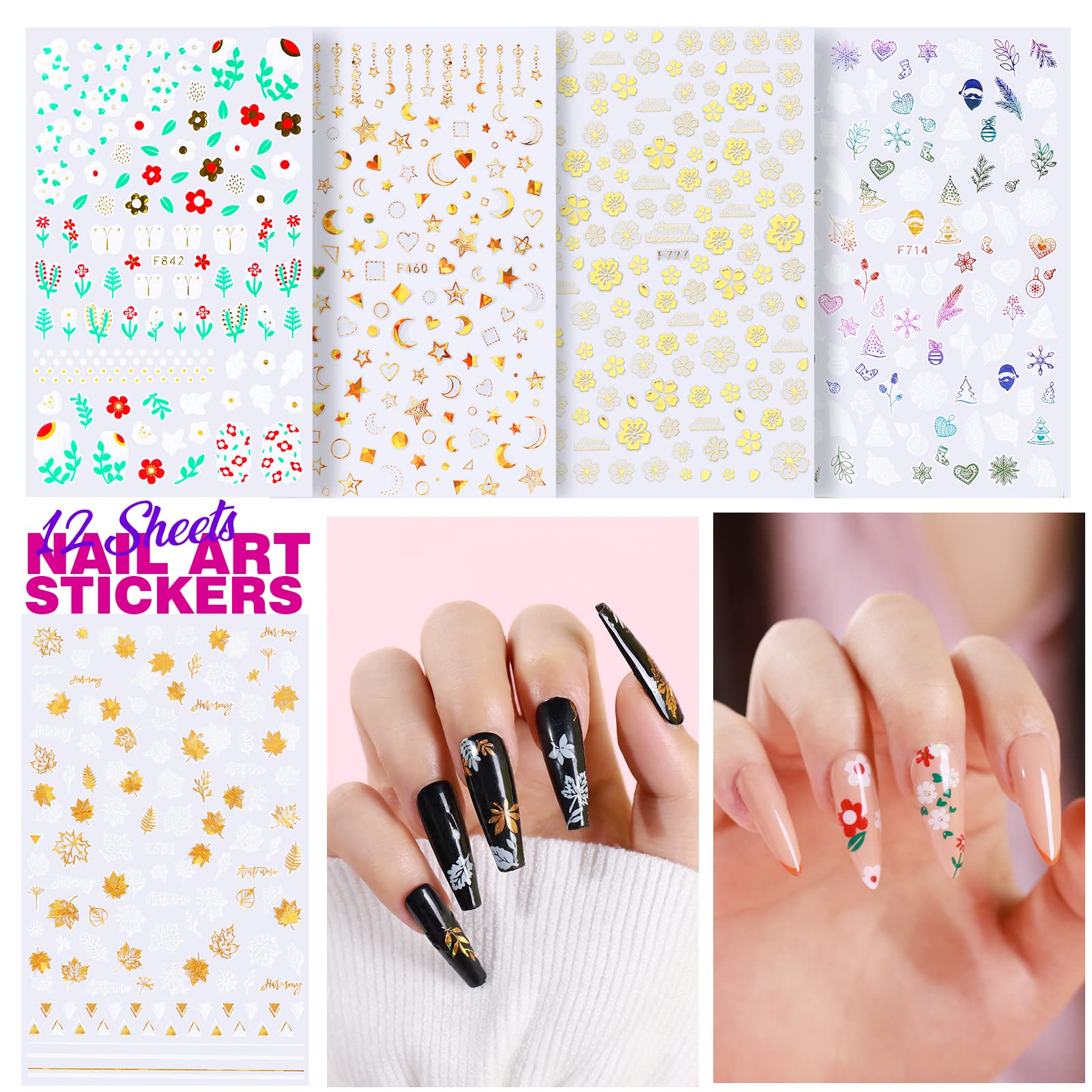 Teenitor Nail Stickers, 12 Sheets Nail Art Stickers 3D Self-Adhesive And 5 Boxes Butterfly Nail Sequins Heart Glitter Foil Flake