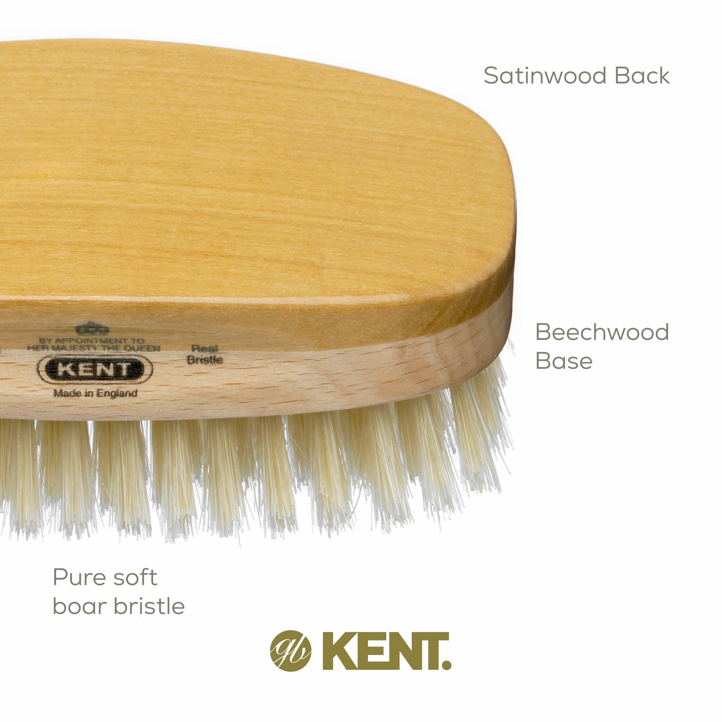Kent MS23D Finest Men's Military Style Hair Brush - Satin and Beechwood Travel Size Base, Soft Pure White Natural Boar Bristle I