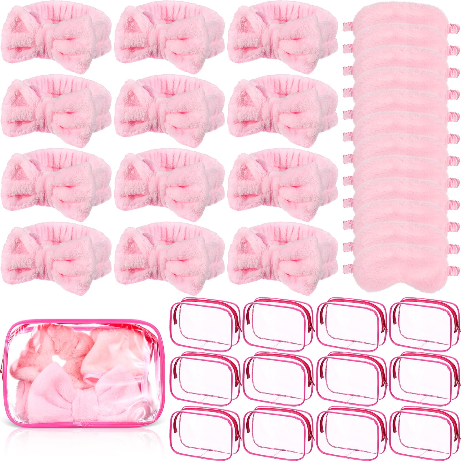 Hoteam 36 Pcs Sleepover Party Supplies for Girls 12 Spa Headband 12 Plush Sleep Eye Mask 12 Clear Cosmetic Bags Makeup Headband 