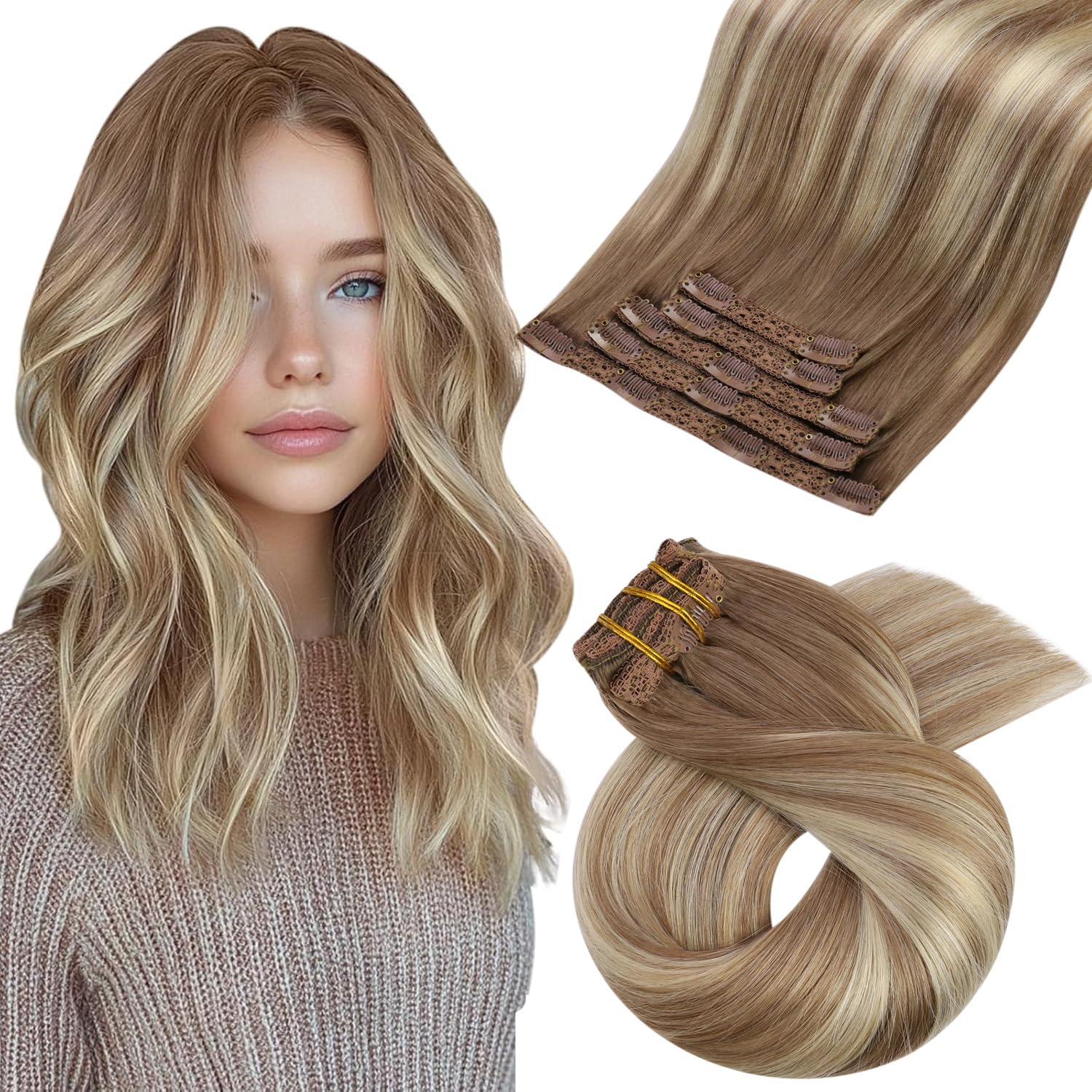Moresoo Clip In Hair Extensions Ombre Blonde Hair Extensions Clip In Real Human Hair Balayage Light Brown Mixed With Golden Blon