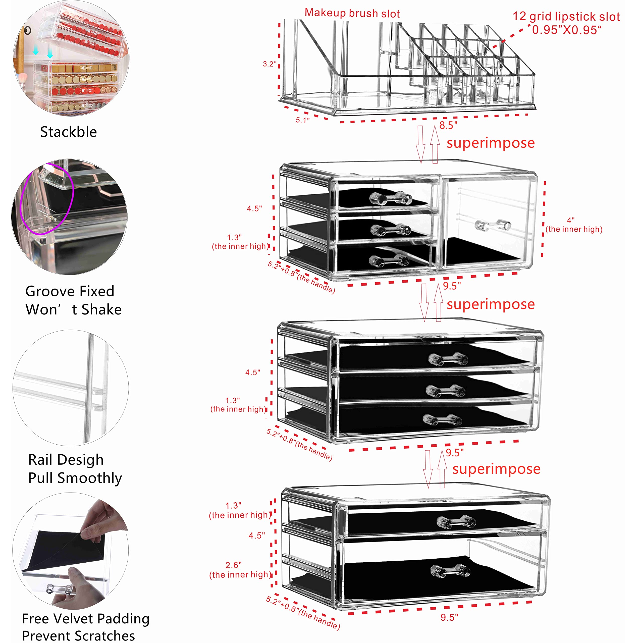 Cq acrylic 4 Pack Clear Make up Organizer Countertop,Stackable 9 Drawers Makeup Storage,Cute Vanity Organizers for dresser Hair