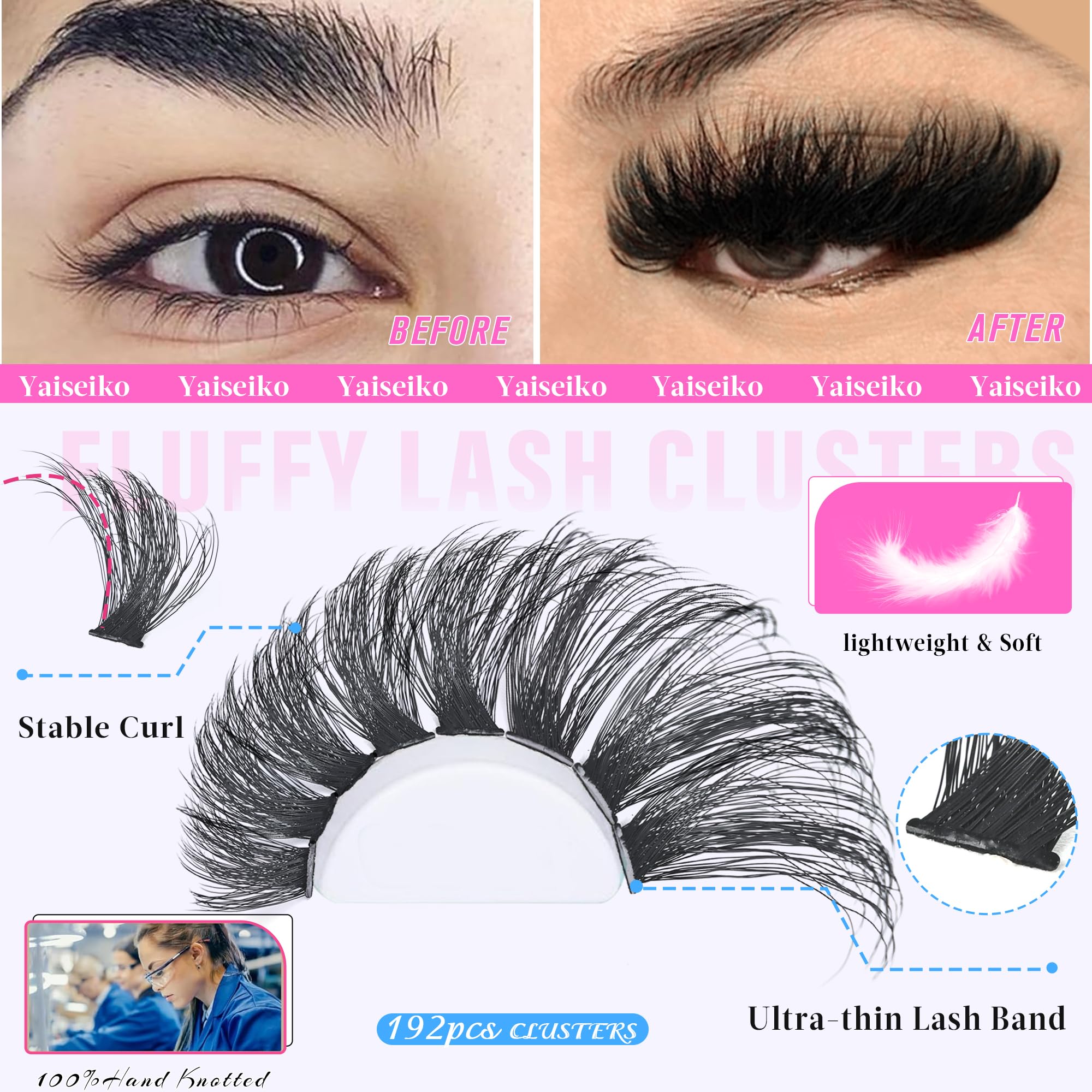 Yaiseiko Eyelash Clusters 14-22mm 200D Thick Volume DIY D Curl Wispy Plant Fibers, 192pcs