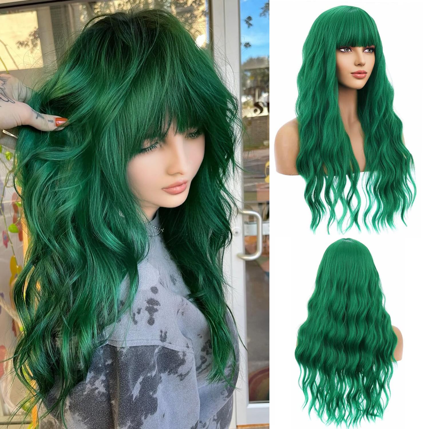 BERON Emerald Green Wig Long Curly Wig Green Wig with Bangs Long Wavy Wig Dark Green Wigs for Women Synthetic Wig for Daily Part