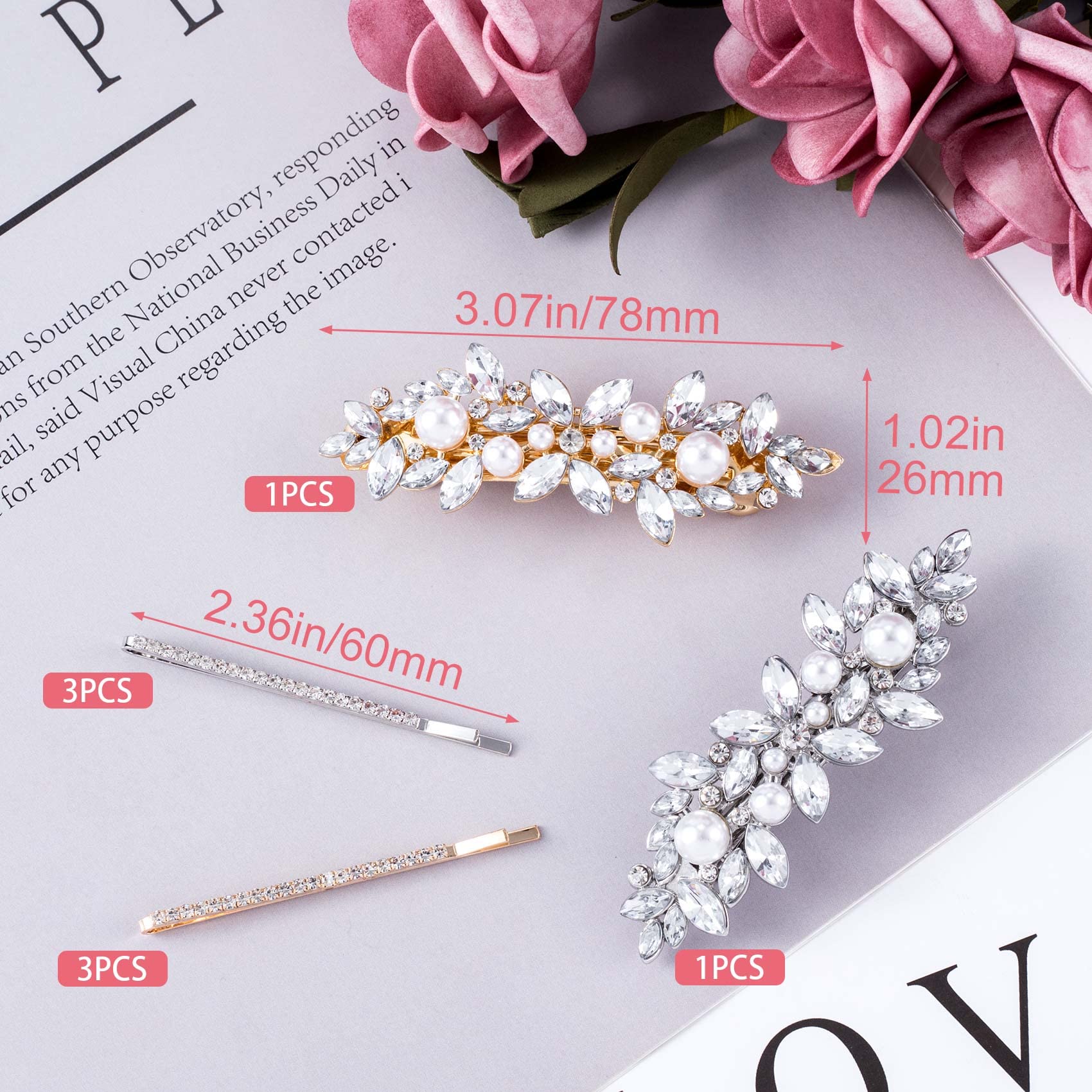 Hinzic 2Pcs Pearl Hair Barrettes, 6Pcs Metal Bobby Pins Sparkly Rhinestone Hair Clips Decorative Wedding Prom Valentines Hair Pi