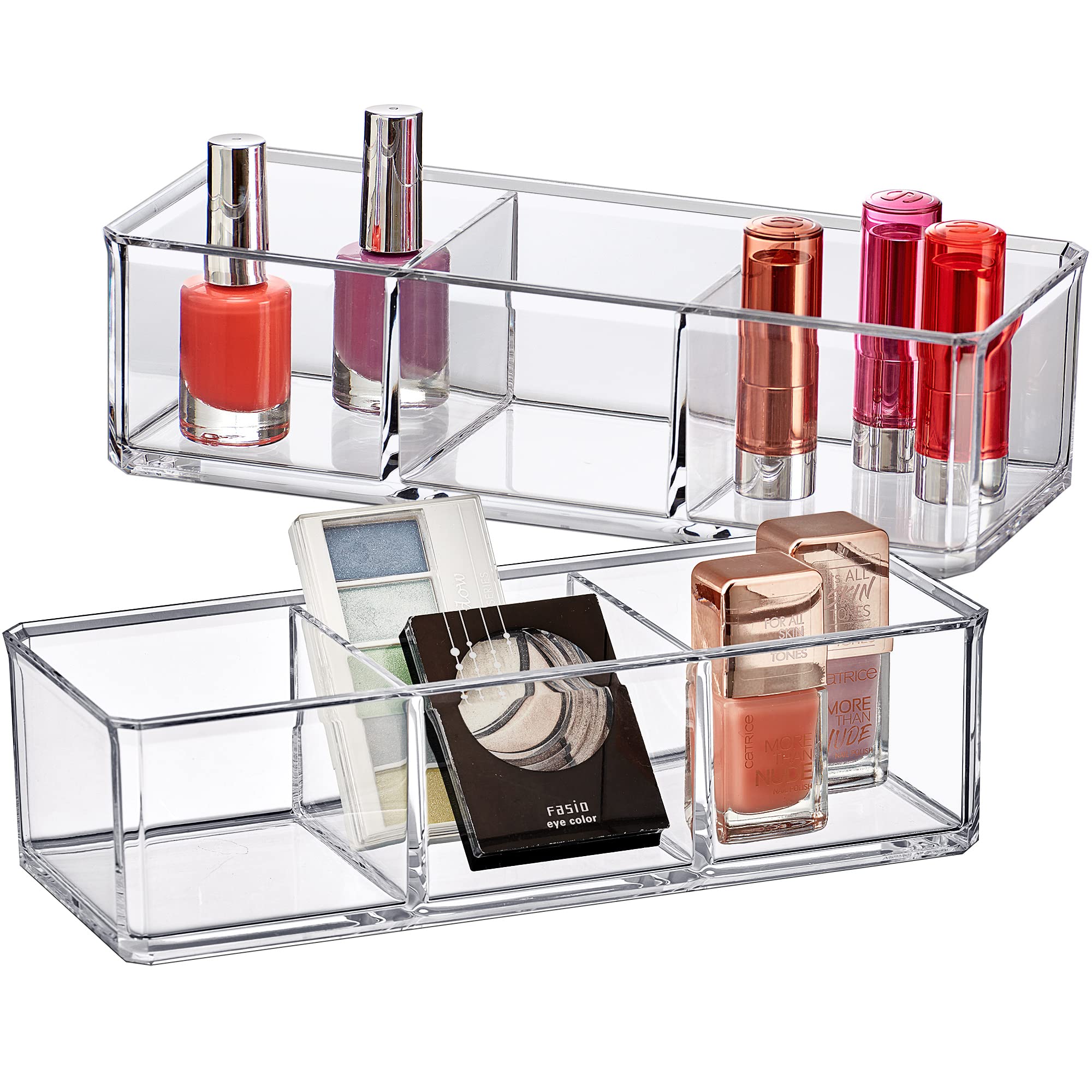 Amazing Abby - Glamour - 2-Pack Acrylic 3-Compartment Makeup Organizer, Transparent Plastic Lipstick Holder, Perfect Bathroom Va