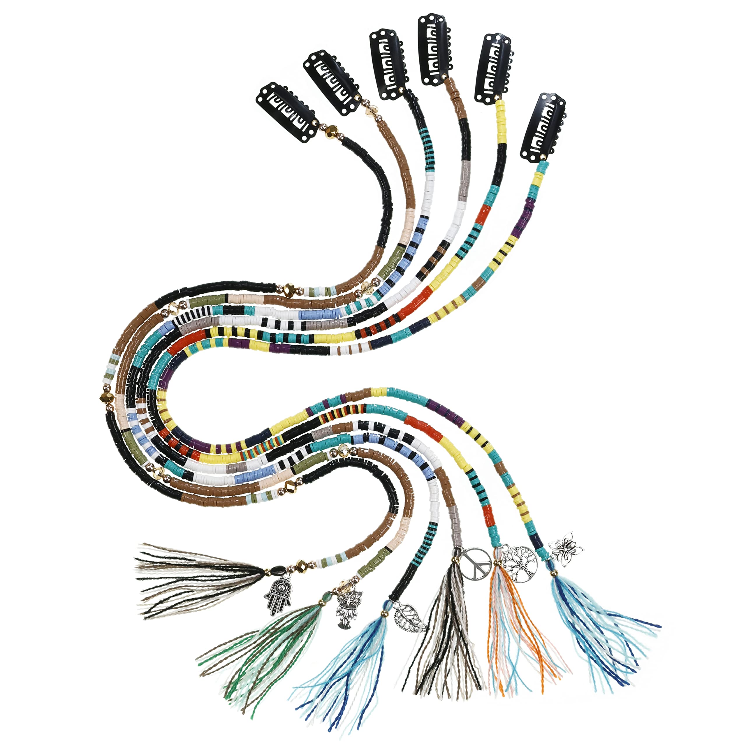 minihope 21 Inch Bright Spacer Bead Hair Wrap Set with Tassels, Hair Clips, and Retro Charm - 6 Styles for Women and Girls.