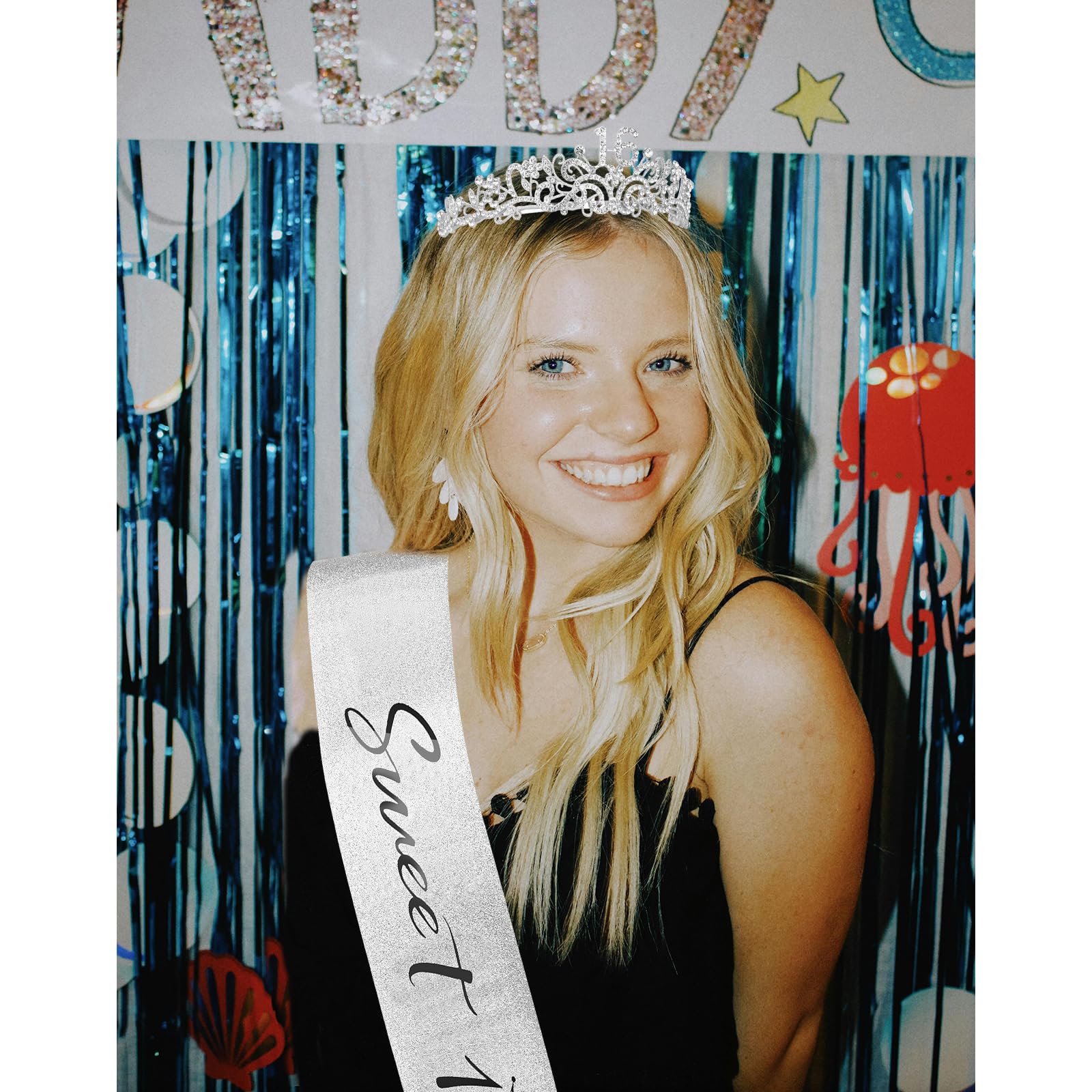 CIEHER Sweet 16 Crown + Sweet 16 Sash + Pearl Pin Set, Sweet 16 Birthday Decorations for Girls, Sweet Sixteen Gifts, 16th Birthd