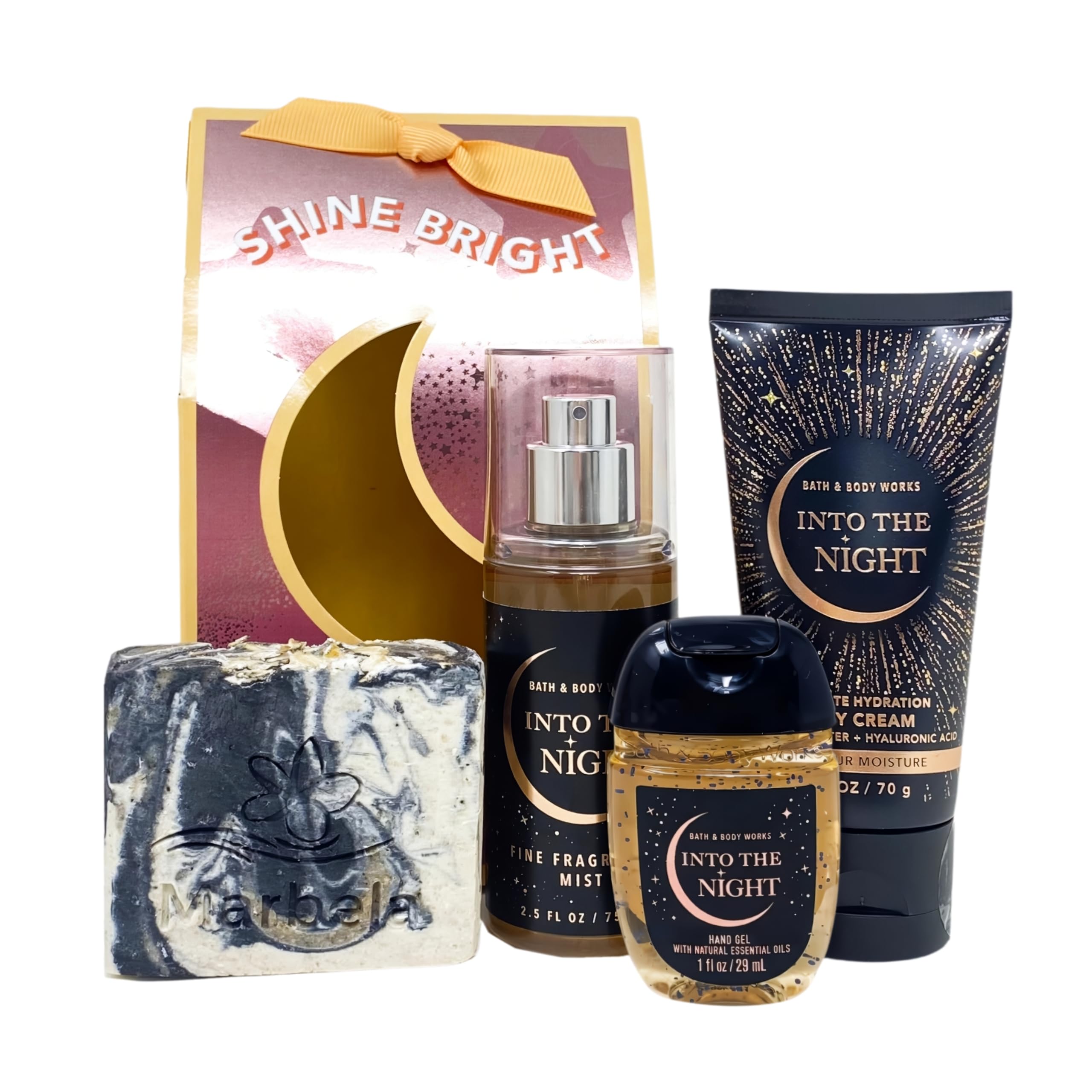 Bath & Body Works Into The Night Shine Bright  Mini Gift Bag Set Travel Size  Fragrance Mist  Body Cream  Hand Gel and a Cha
