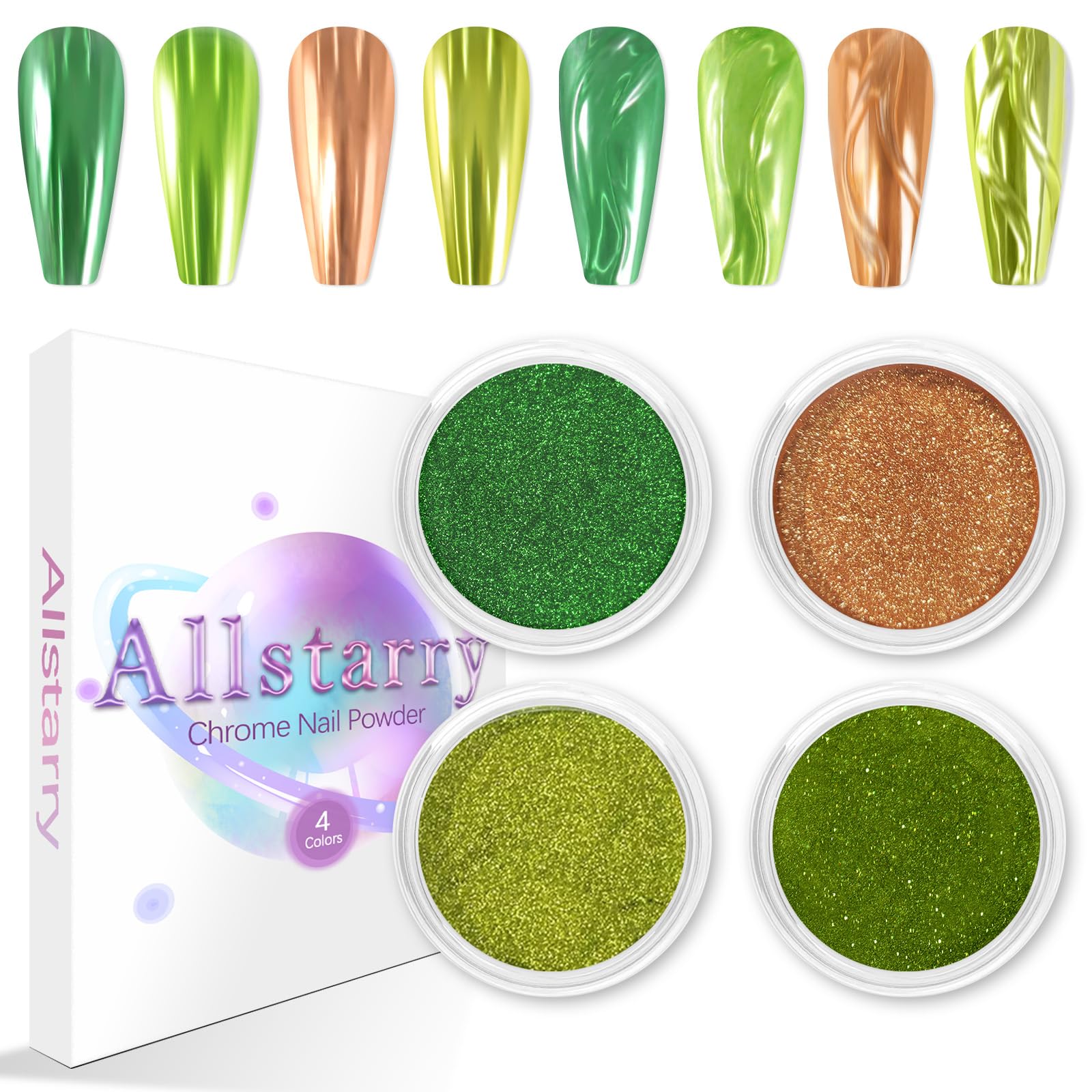 Allstarry Chrome Nail Powder, 4 Colors Mirror Effect Metallic Pigment Manicure Holographic Glitter Dust Kit for Gel Polish Nail 