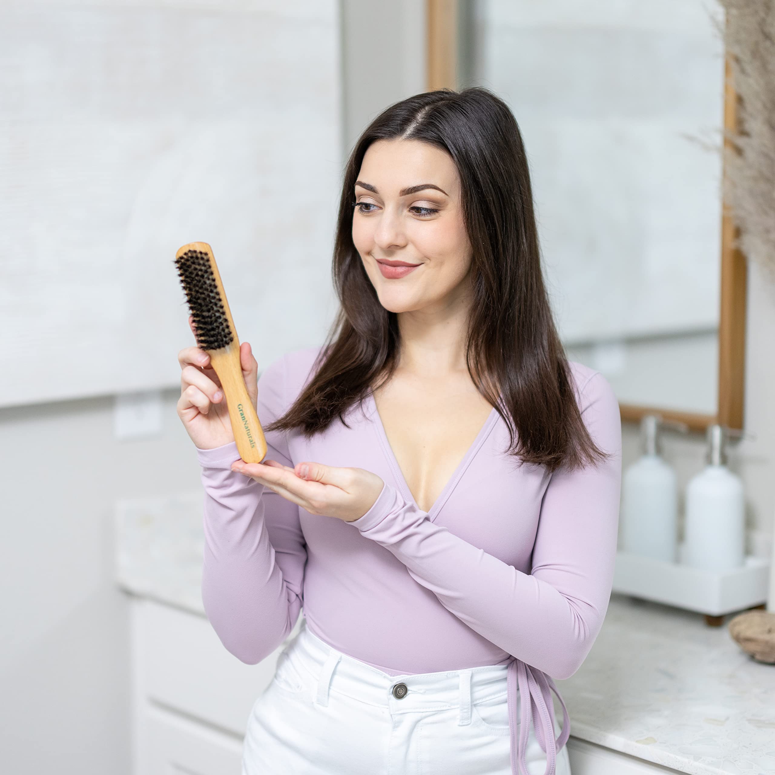 GranNaturals Boar Bristle Slick Back Hair Brush - Soft/Medium Smoothing Hairbrush to Style, Polish, & Lay Hair Down Flat to Crea