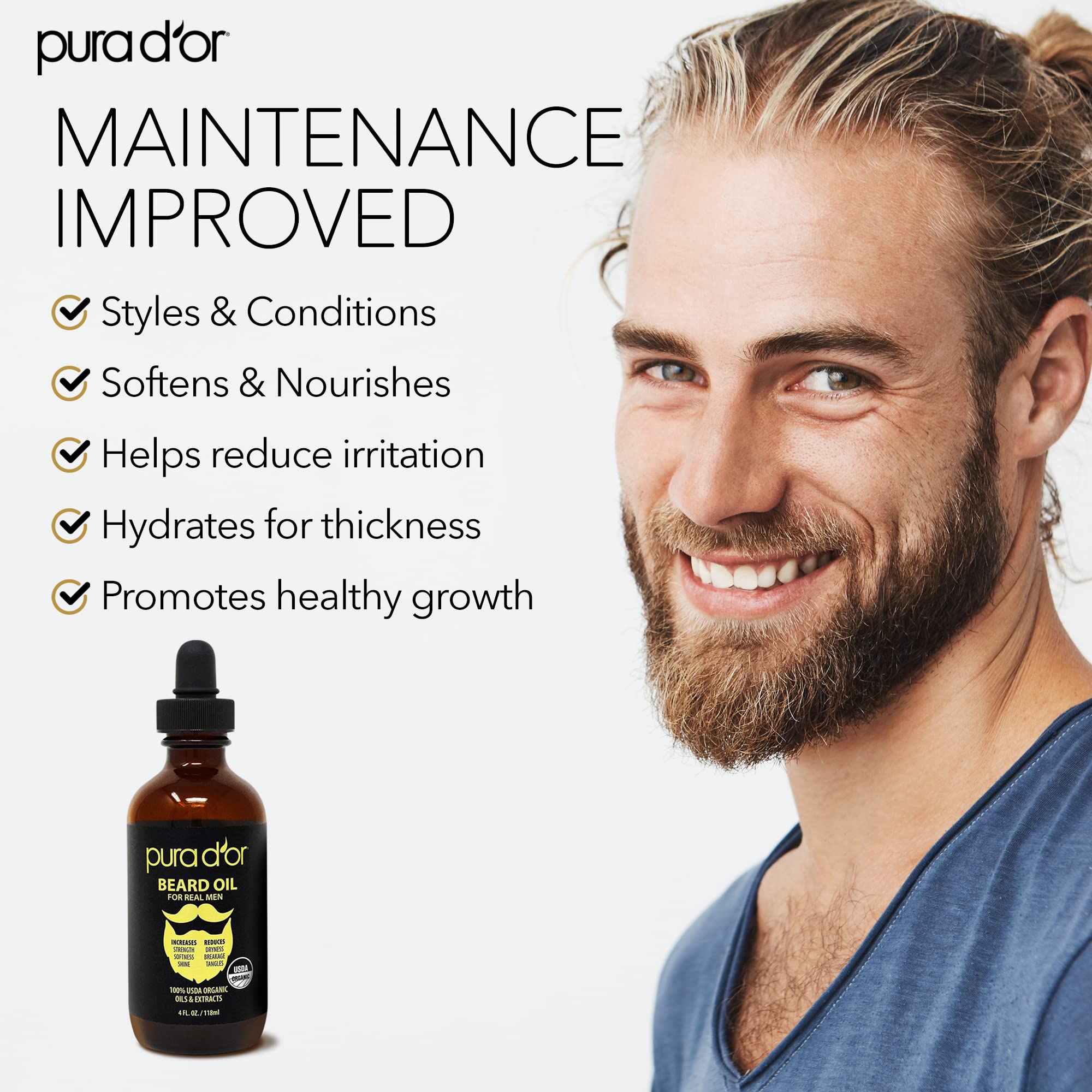 PURA D'OR 4 Oz ORGANIC Beard Softening Oil - Original Sandalwood Scent - Leave-In Conditioner, Argan & Jojoba Oil - Mustache Car