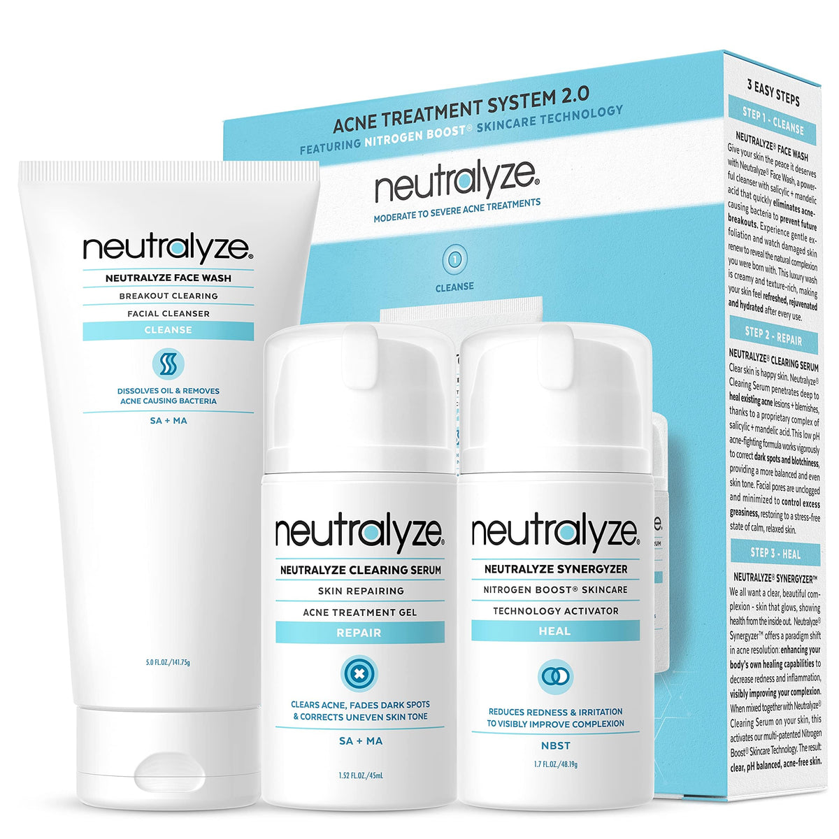 Neutralyze Moderate To Severe Acne Treatment Kit 2.0 - Maximum Strength Acne Kit, 2% Salicylic Acid, 2% Mandelic Acid & Nitrogen