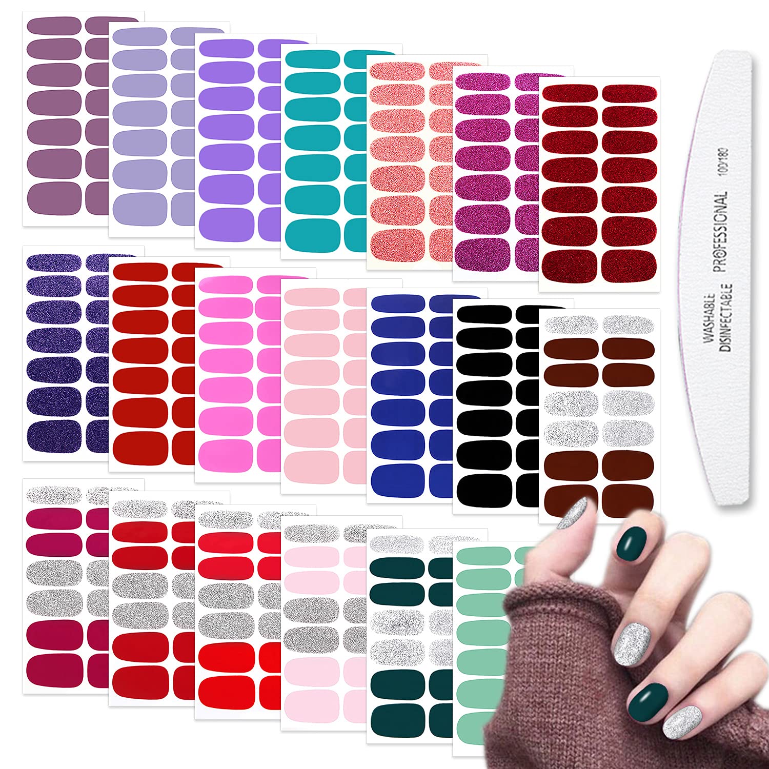 WOKOTO 20 Sheets Nail Polish Strips Set 10pcs Solid Color Nail Strips and 10pcs Glitter Solid Color Full Nail Wraps Real Nail Po