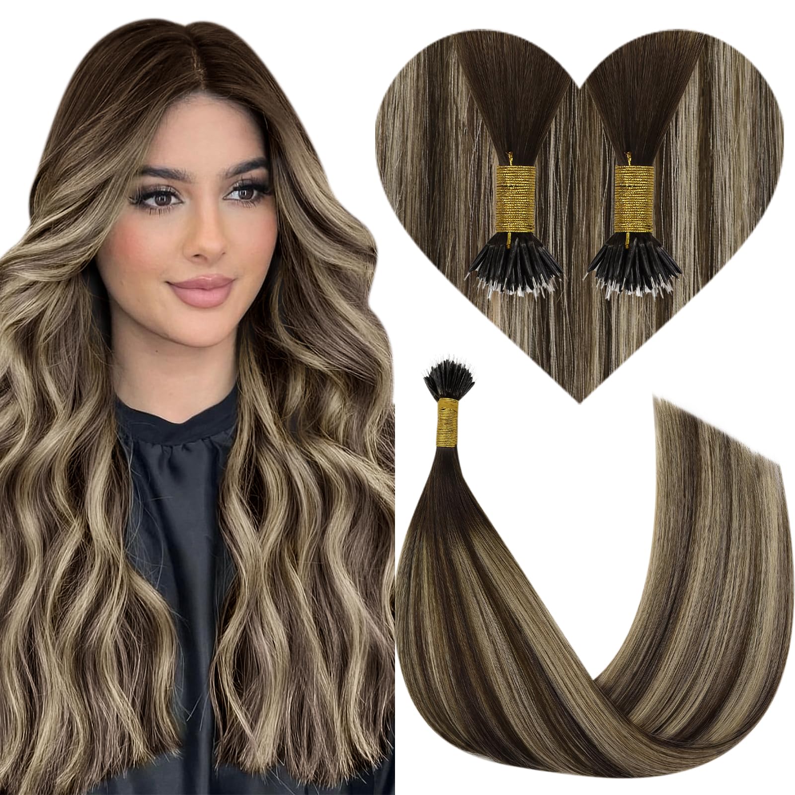 YoungSee Nano Bead Hair Extensions Human Hair Brown Balayage Nano Natural Hair Extensions Ombre Dark Brown with Ash Blonde Nano 