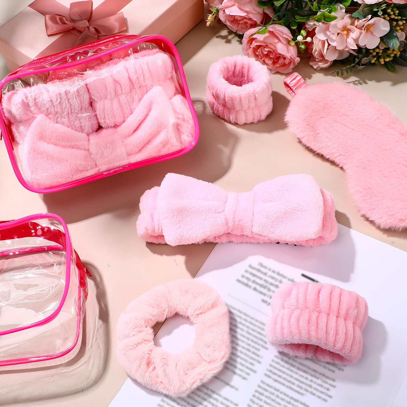 Hoteam 10 Pieces Spa Sleepover Party Supplies 2 Pink Spa Headband 2 Wristbands 2 Plush Sleep Eye Mask 2 Velvet Scrunchies 2 Clea