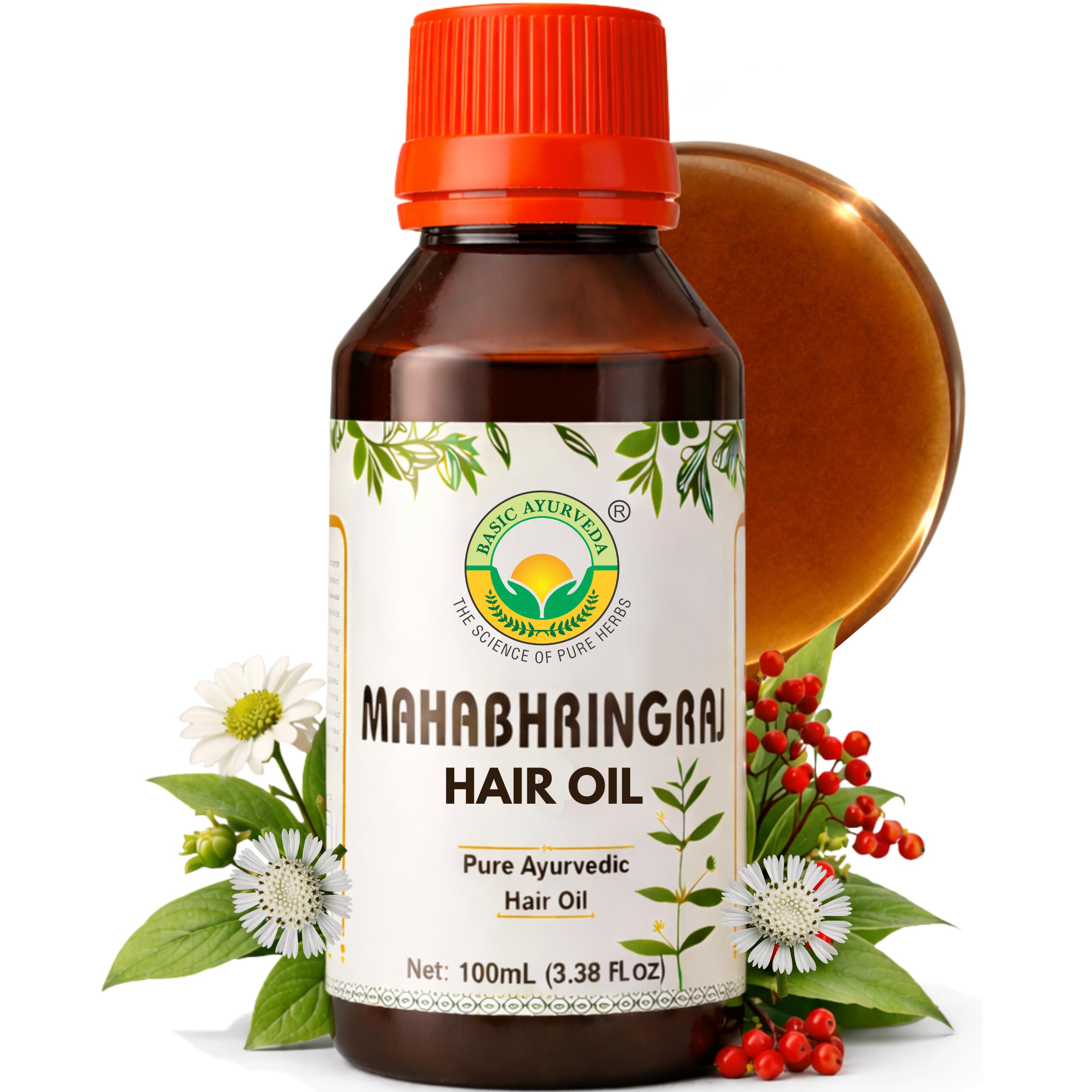 BASIC AYURVEDA Bhringraj Oil for Hair Growth | 3.38 Fl Oz (100ml) | Strengthens Roots & Reduces Hair Loss | Natural Ayurvedic He
